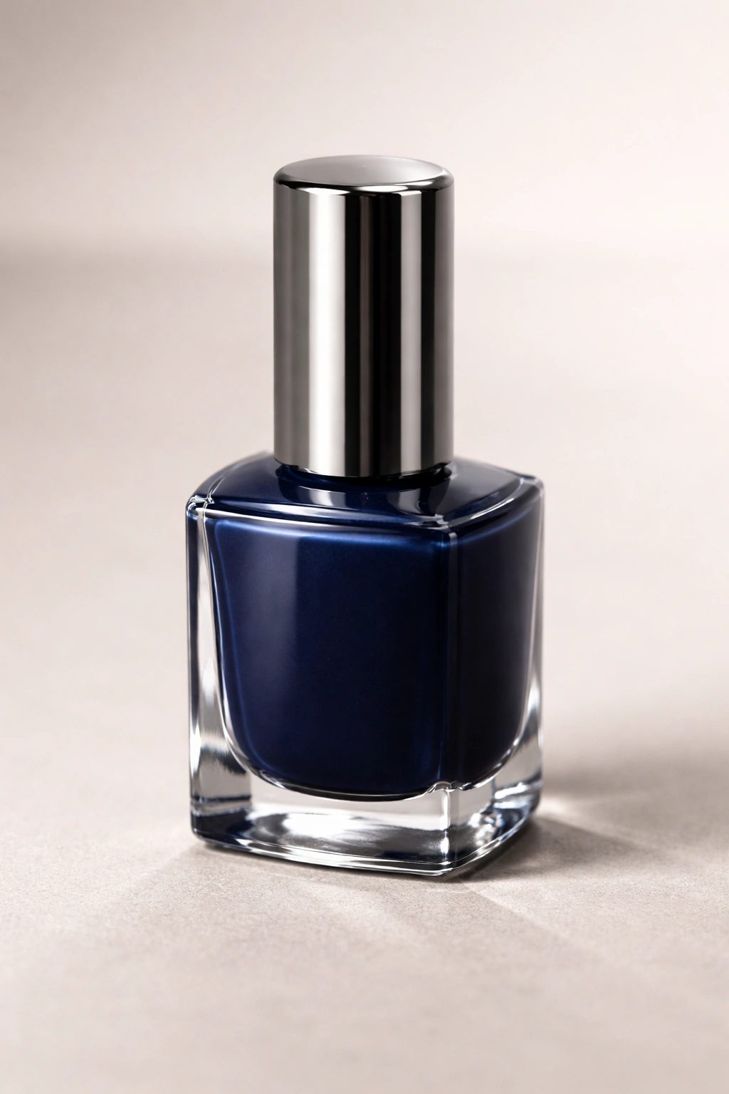Close-up of navy nail polish bottle against a neutral backdrop