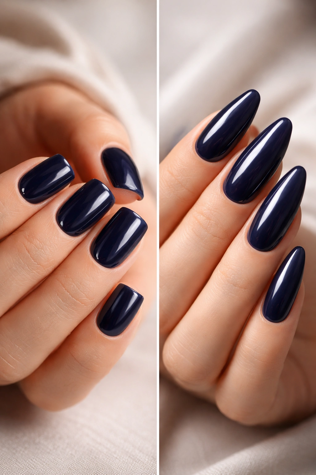 Close-up of deep navy nails on multiple nail shapes with glossy finish