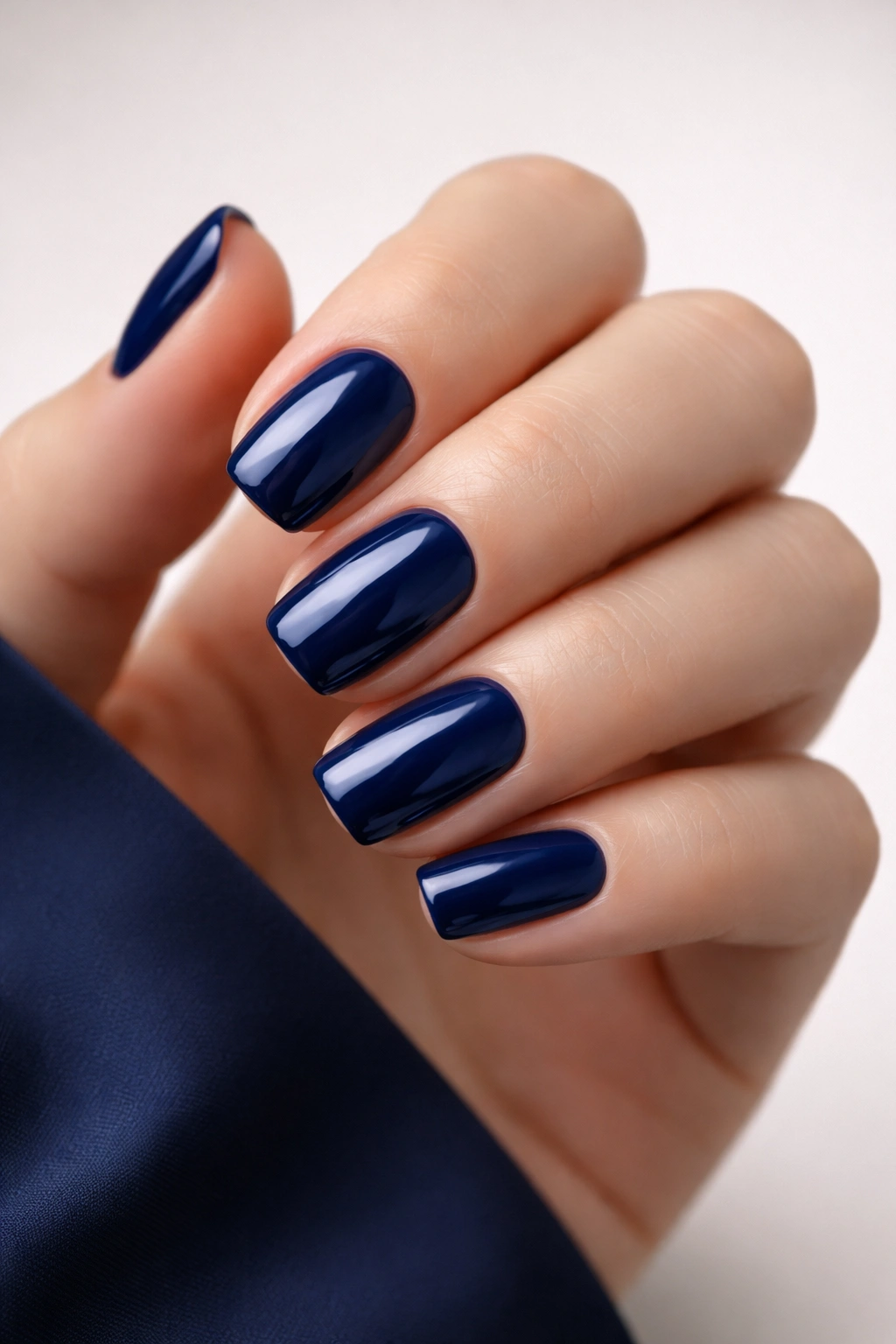Close-up of navy polished nails on a manicured hand with a neutral background