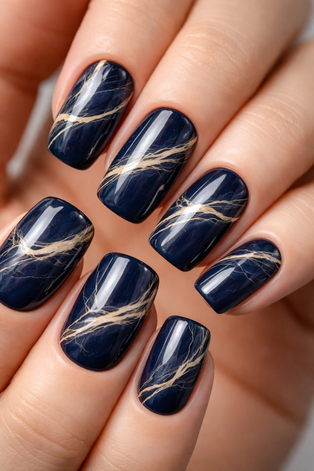 Navy nails with cream marble veining on squoval shape