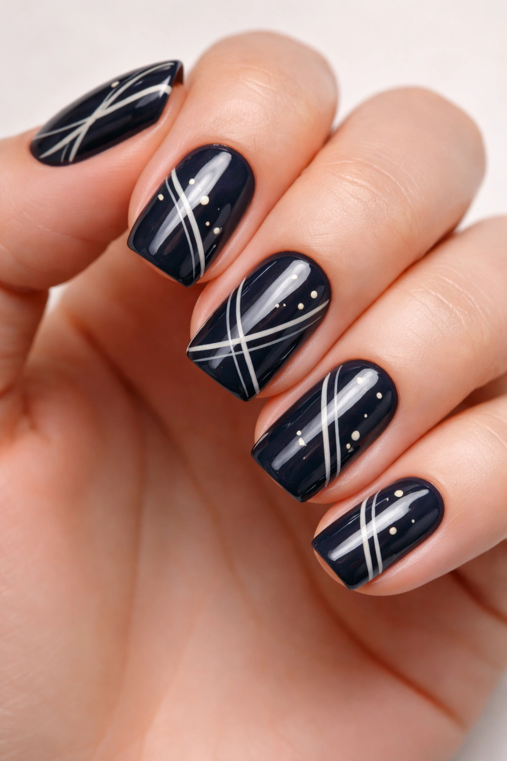 Close-up of navy nails with cream stripes and dots on short squoval nails, studio lighting.