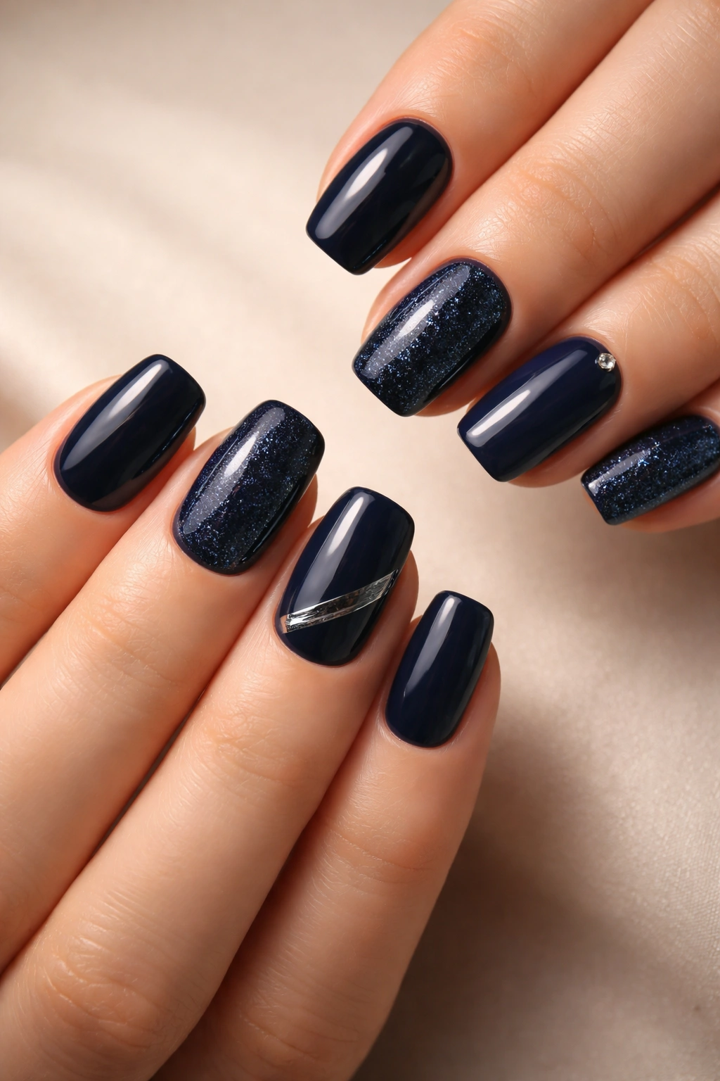 Navy squoval nails on a neutral background illustrating versatility