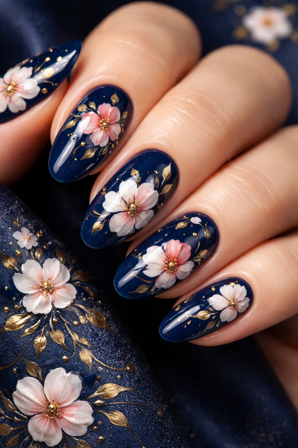 Nails with navy blue base and hand-painted gold-accented florals.