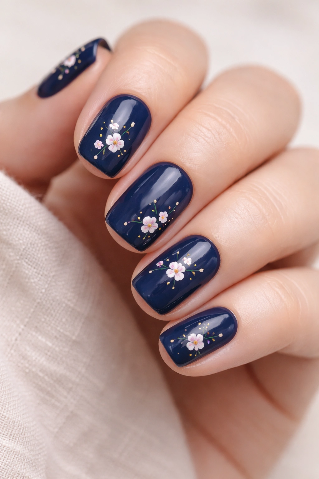 Navy nails with delicate floral designs on squoval nails