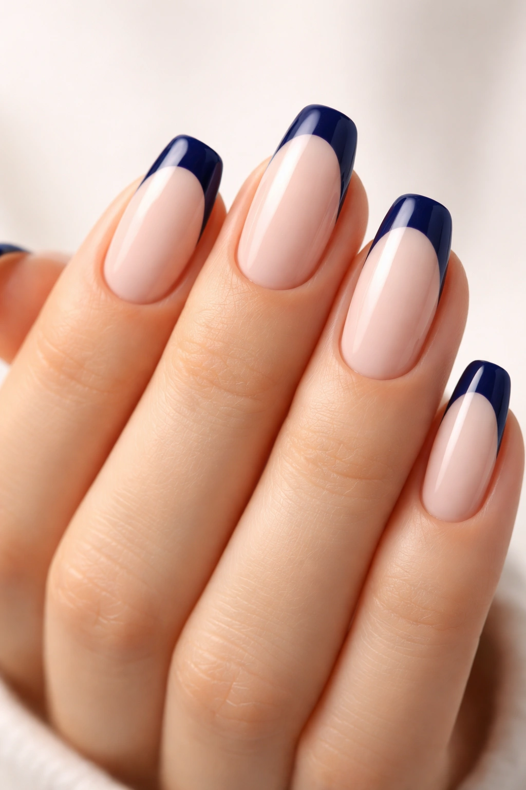Navy French manicure with navy tips on pale base