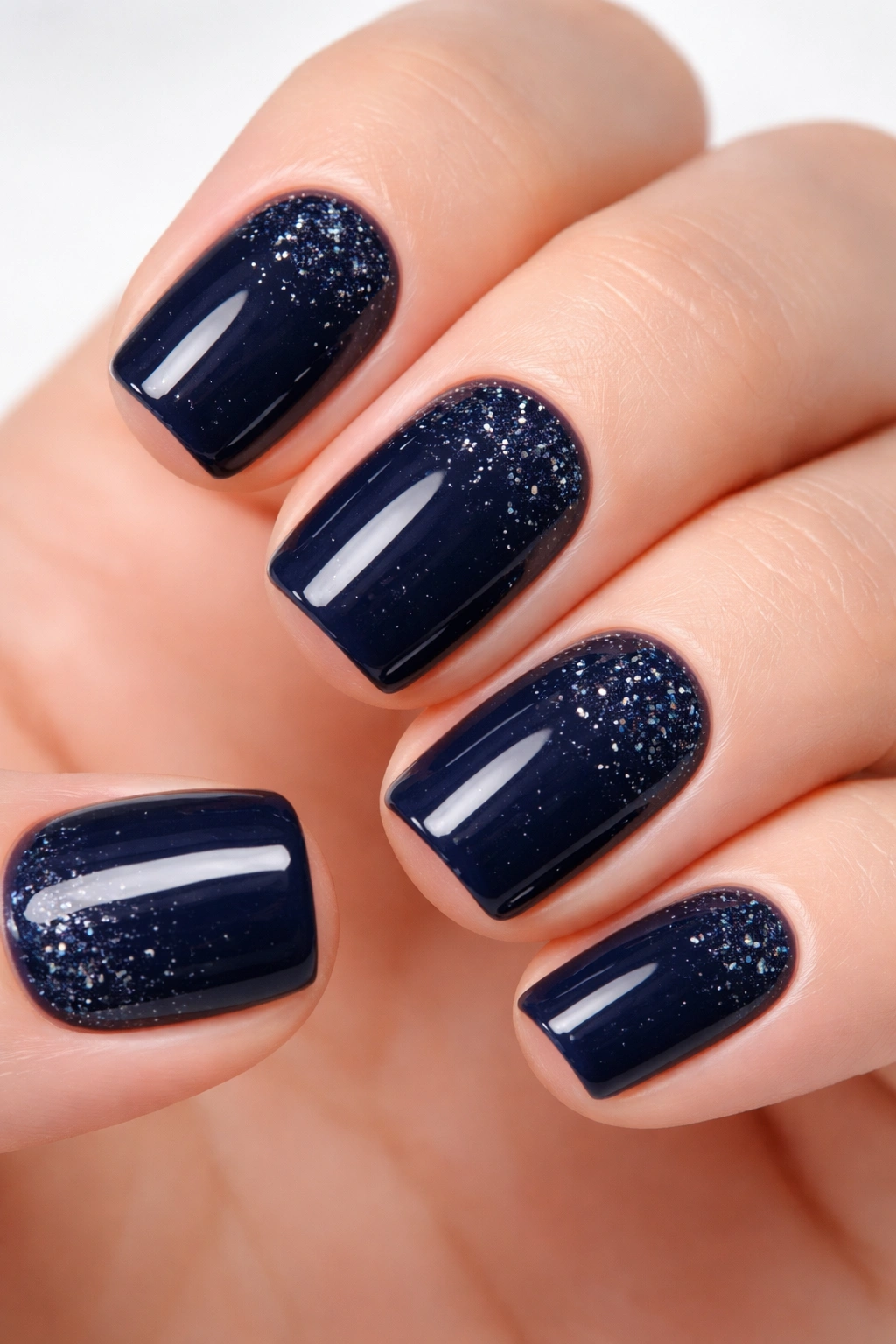 Close-up of navy squoval nails with micro glitter on short nails