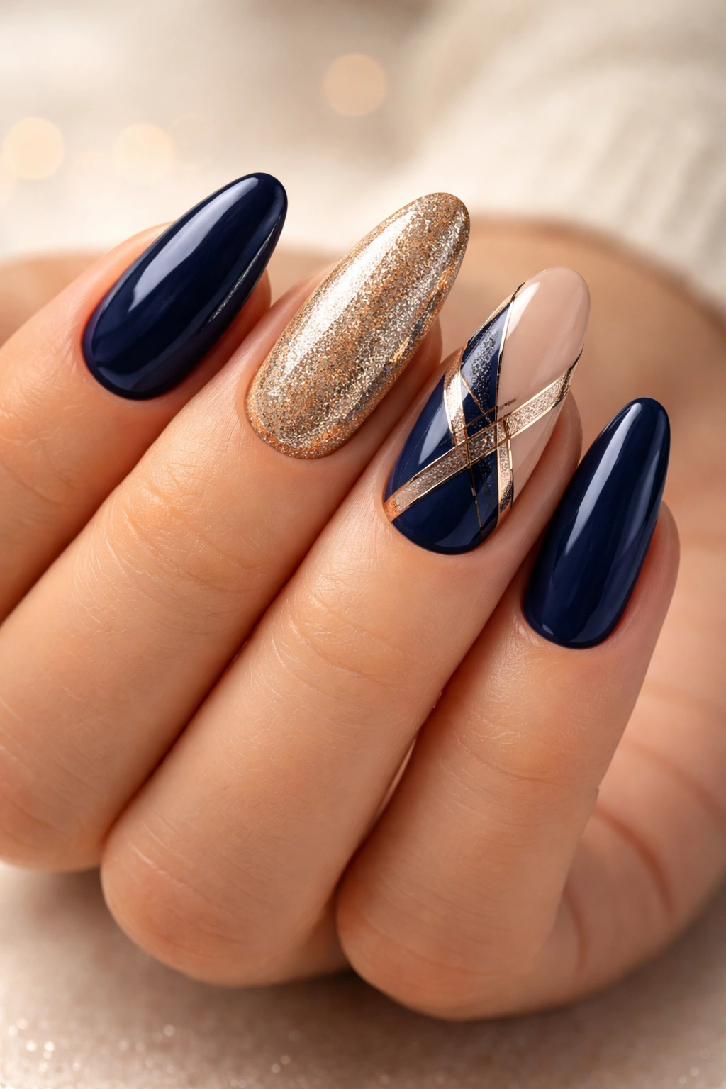 Close-up of navy and gold manicure with navy nails and gold accents on a neutral background