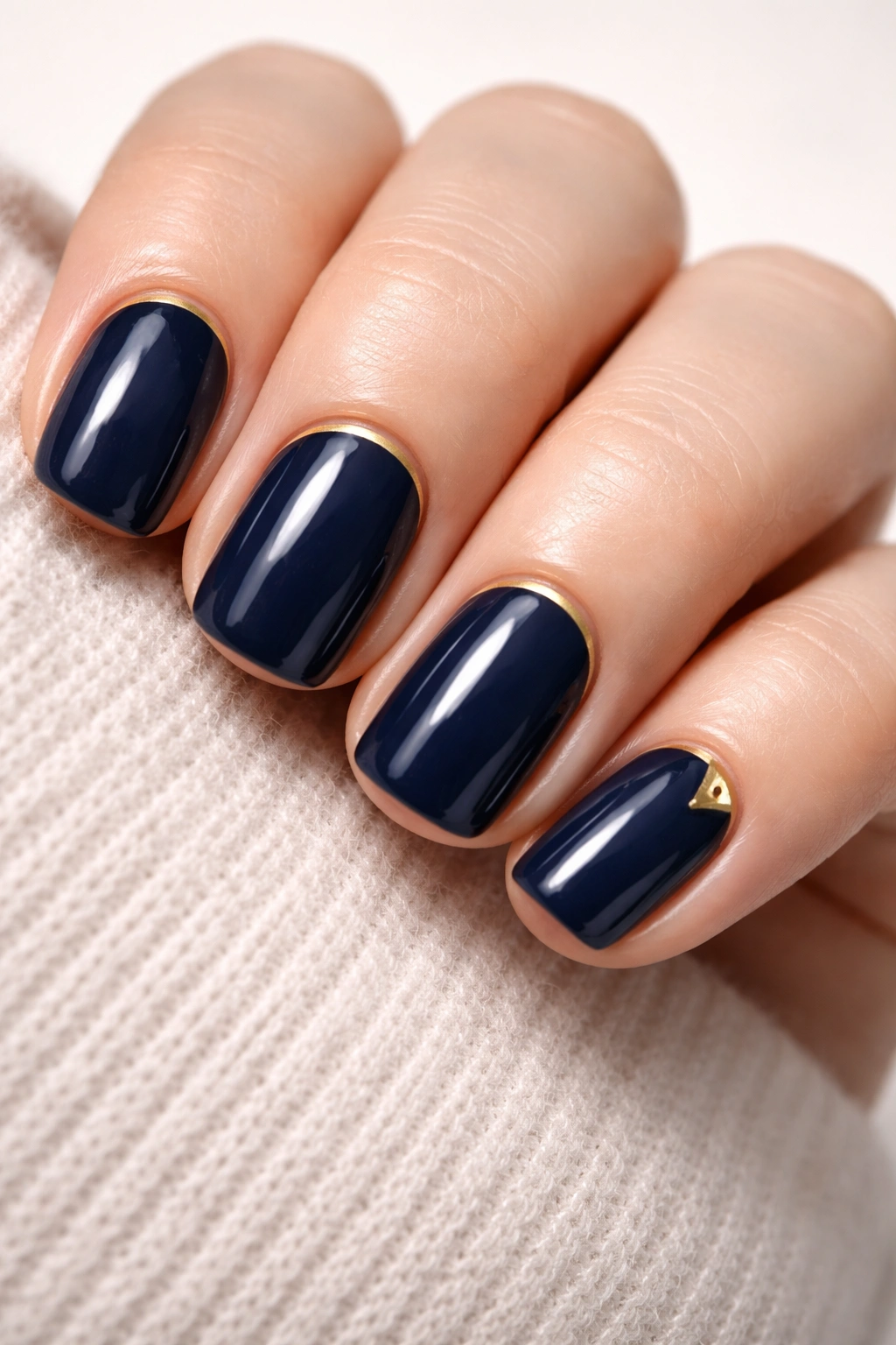 Close-up of navy nails with subtle gold accents on short squoval nails