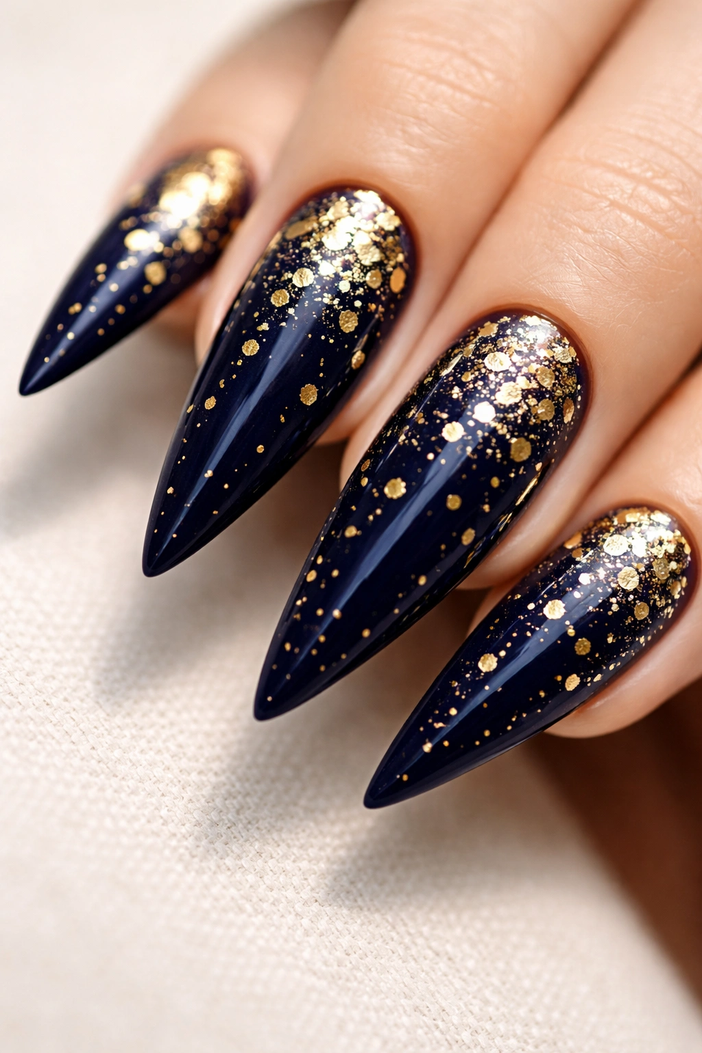 Close-up of deep navy stiletto nail with scattered gold confetti pattern
