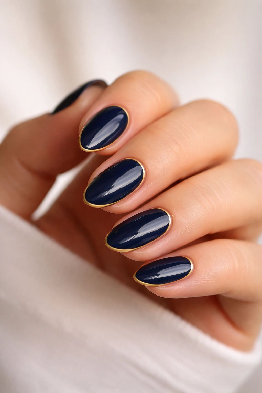 Navy nails with thin gold outlines on almond nails