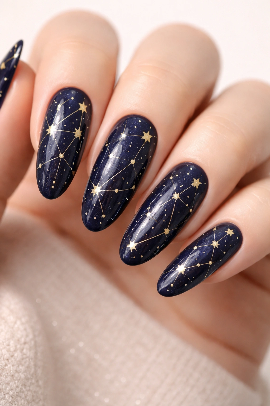 Close-up of navy nails with gold star constellation patterns