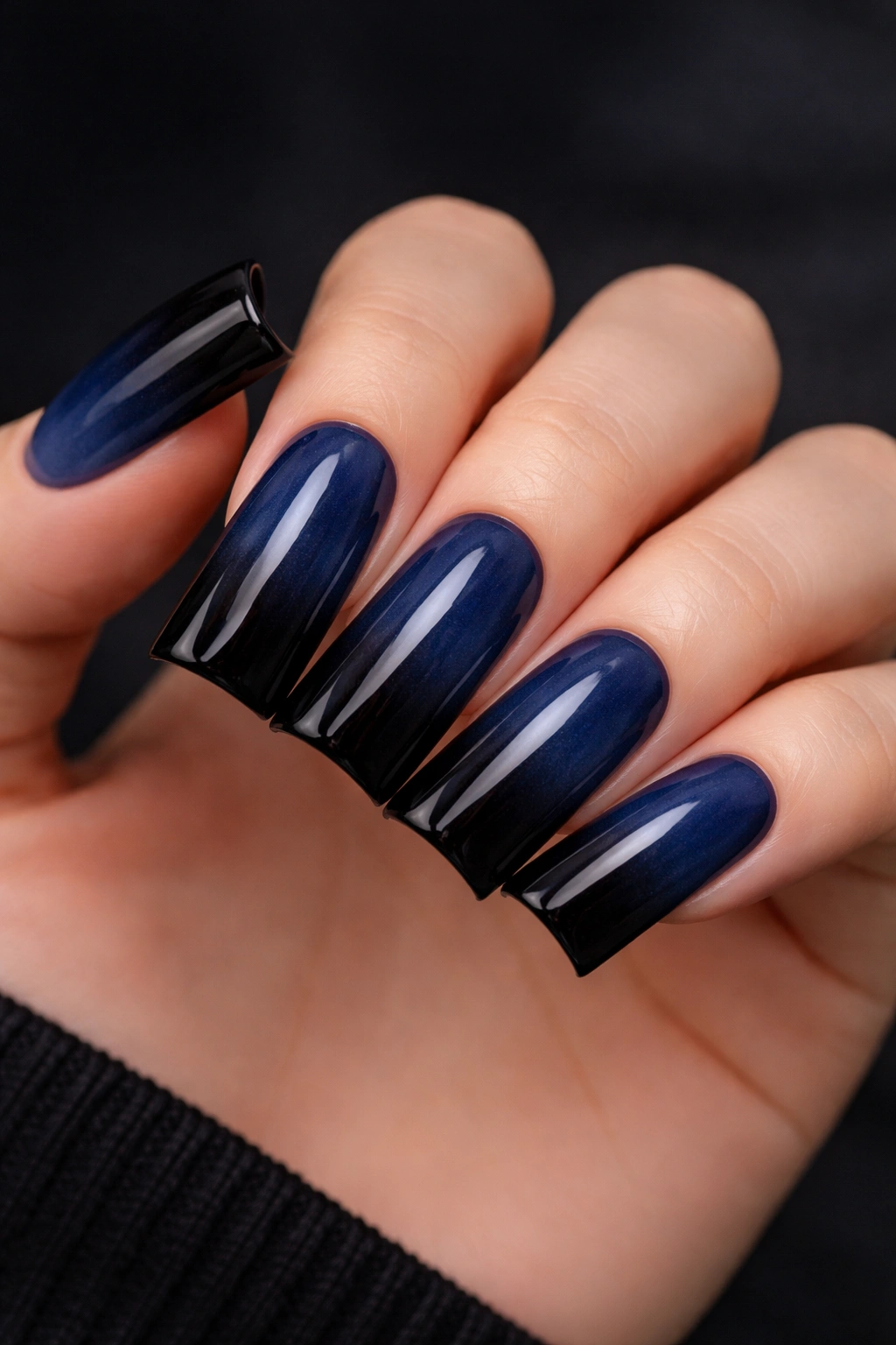 Macro shot of navy to black gradient on duck nails with seamless transition