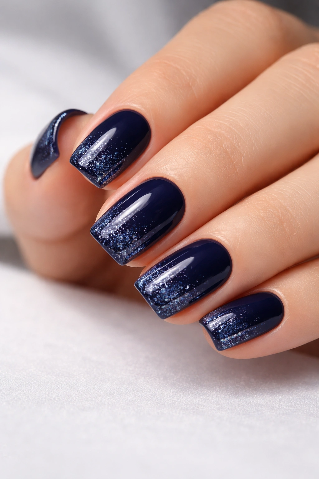 Deep navy nails with sparkle gradient on squoval nails