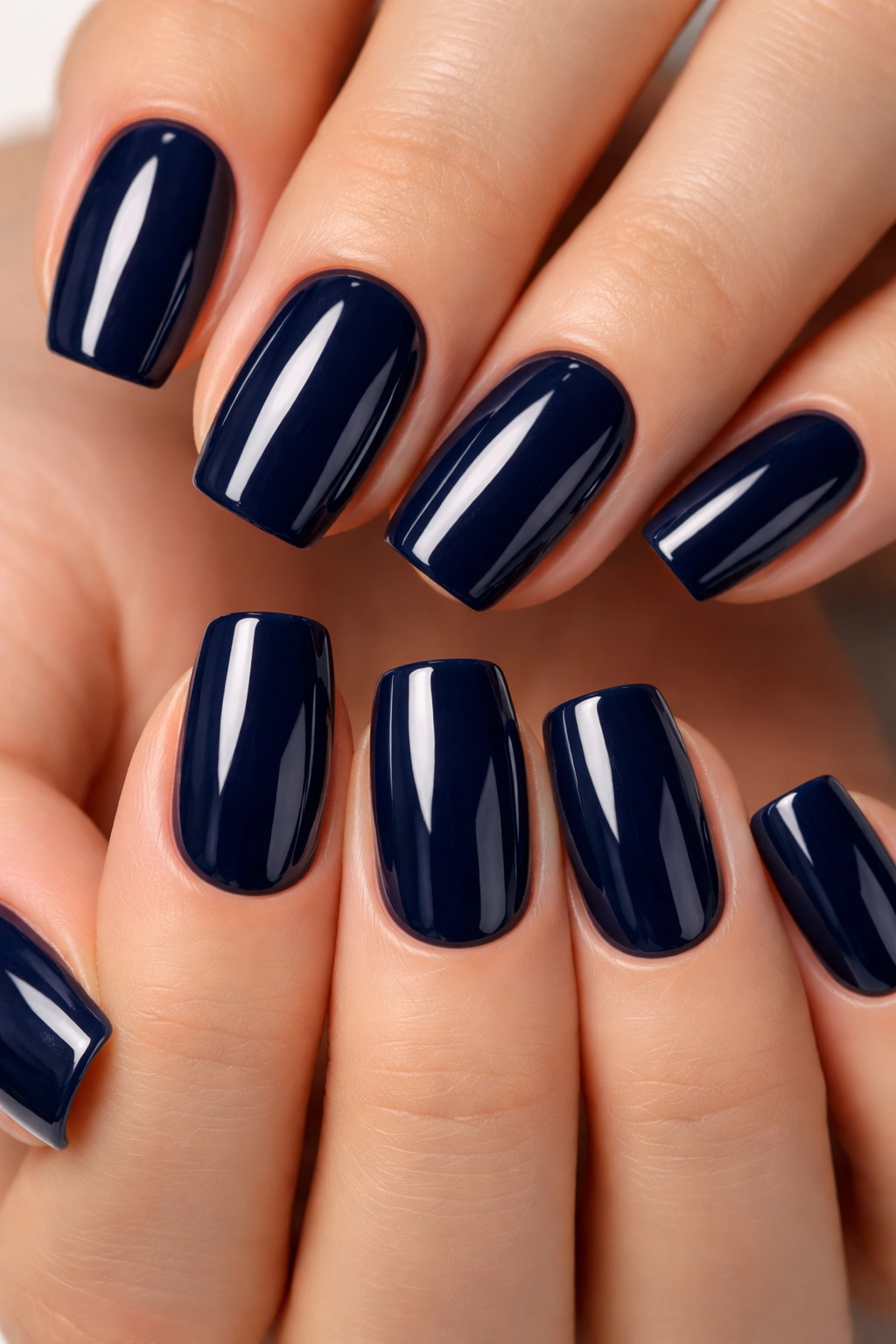 Close-up of ten nails with deep navy polish and high-gloss shine