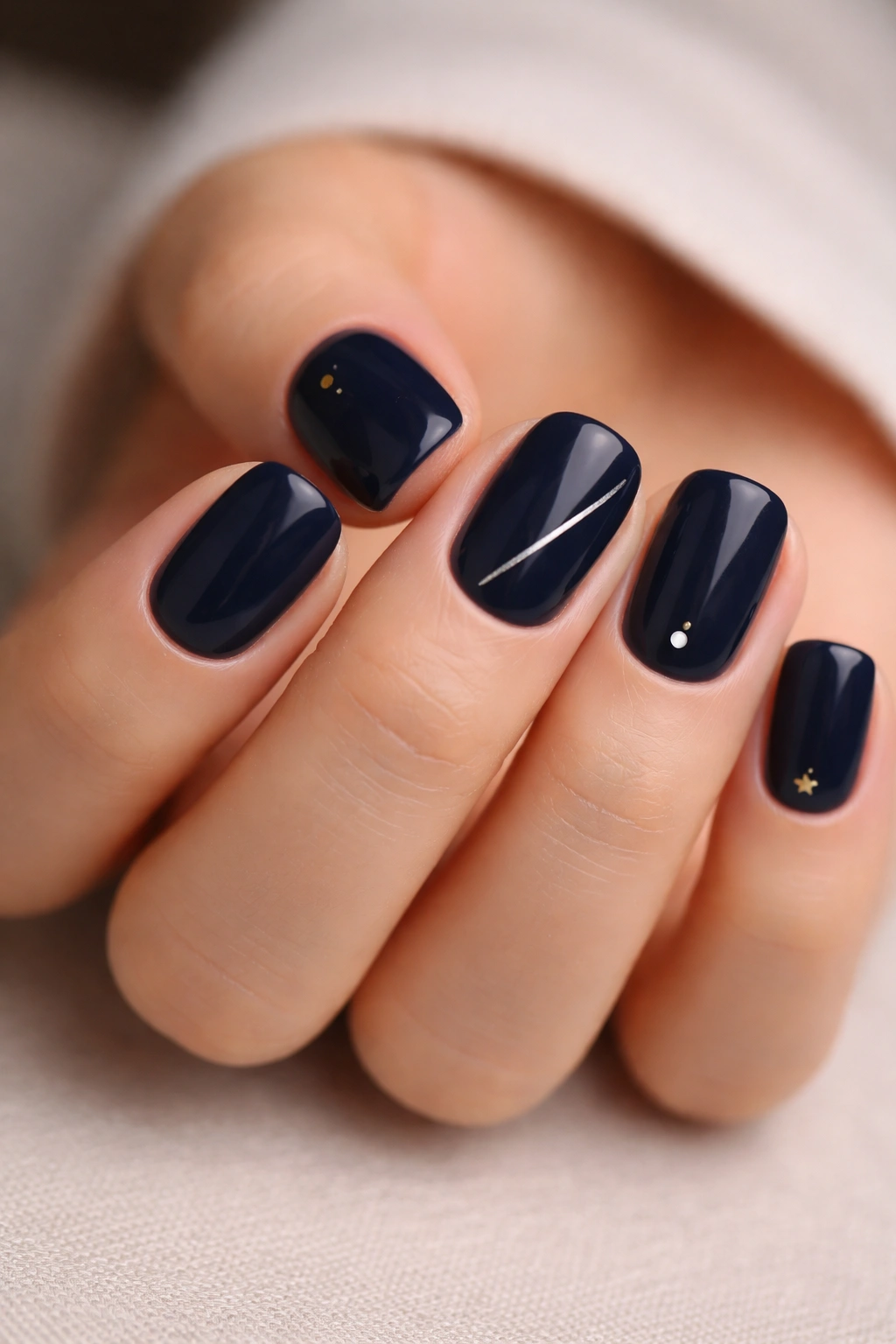 Close-up of navy nails with minimalist single-detail designs on each nail