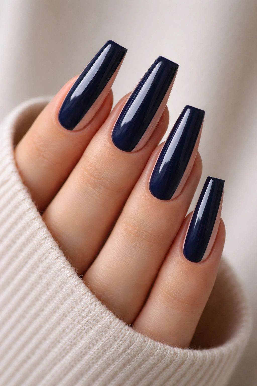 Navy nails with narrow nude side panels negative space