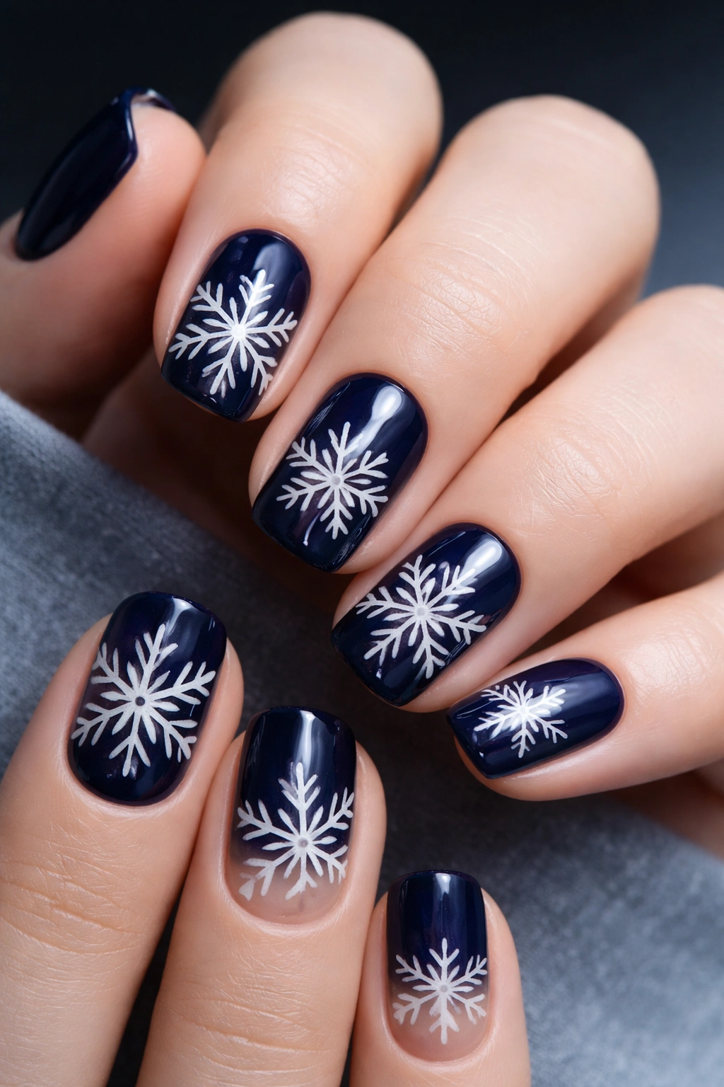 Navy nails with negative-space snowflake design on squoval nails