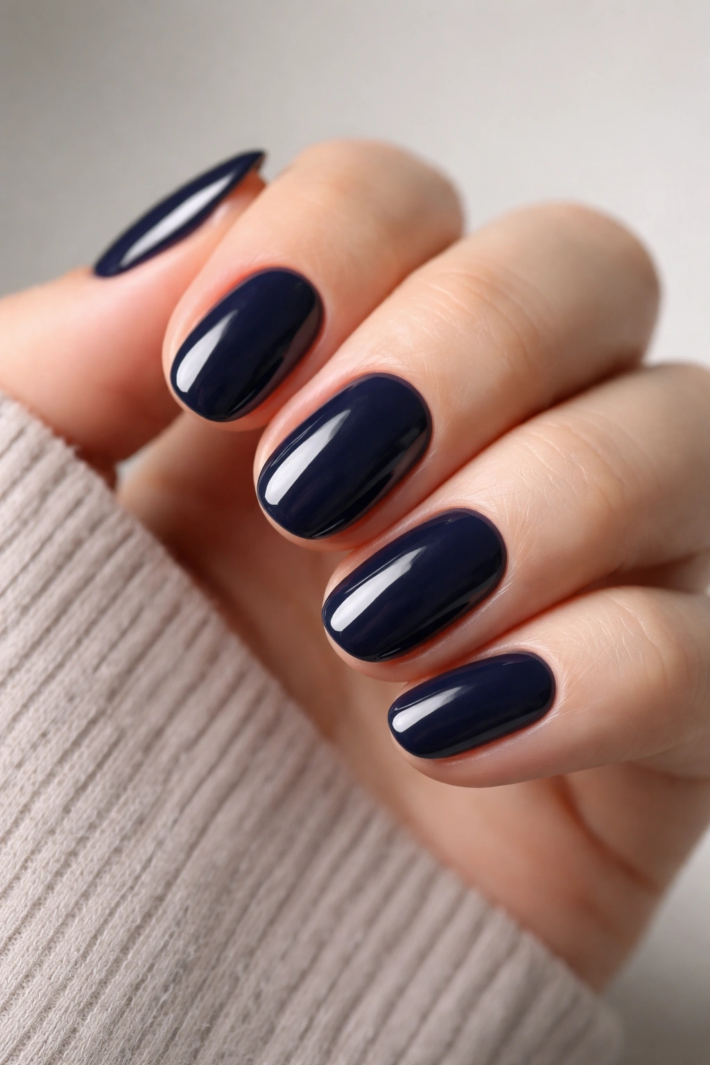 Close-up of deep navy short oval nails with glossy finish
