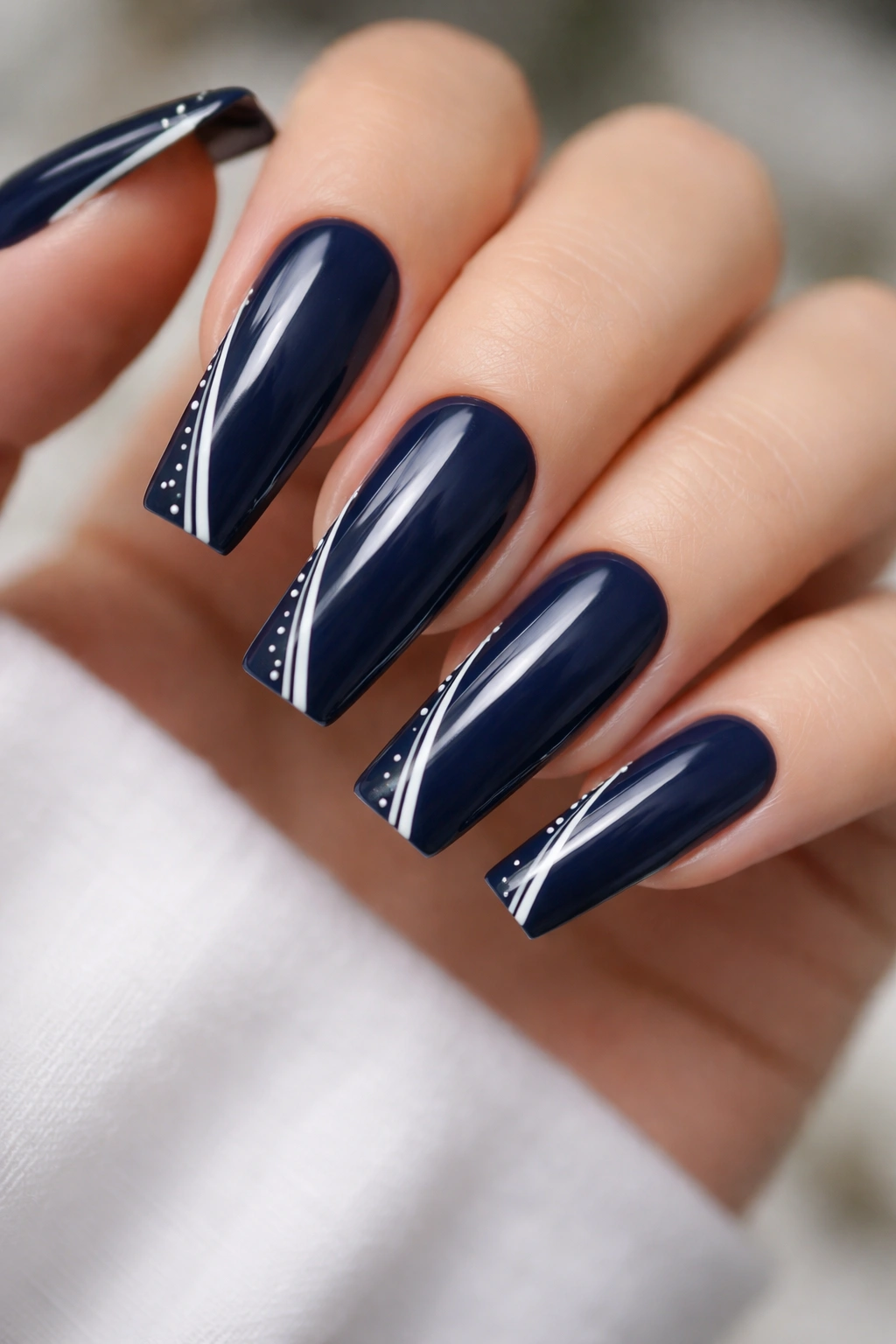 Navy coffin nails with pearl white edge details
