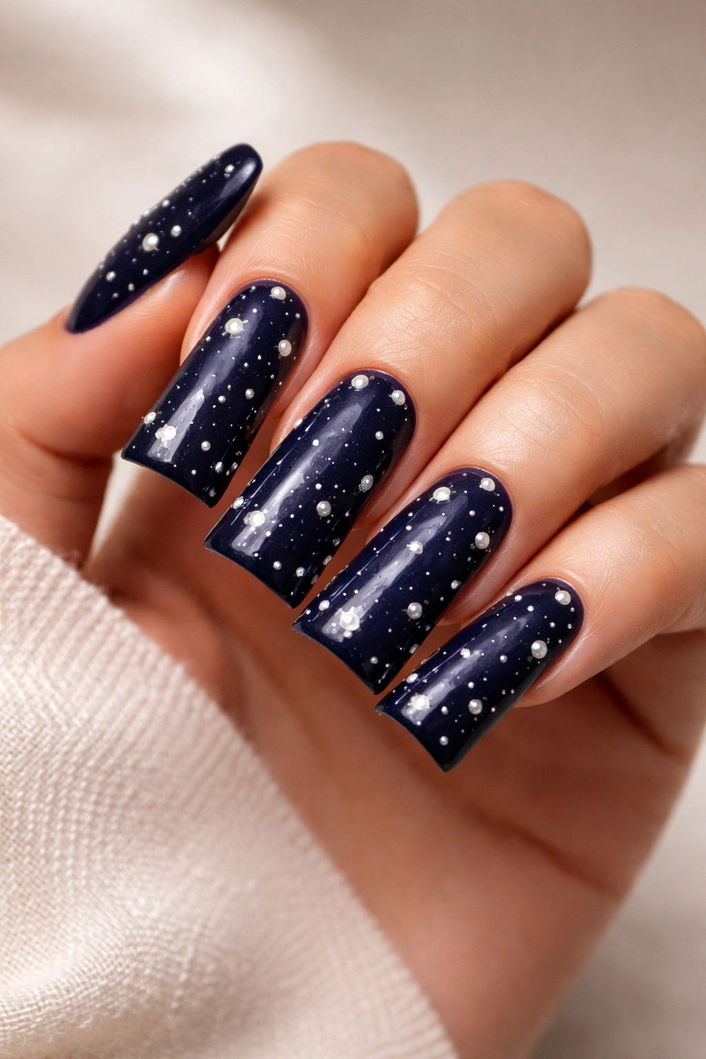 Navy nails with scattered white pearls and star-like specks