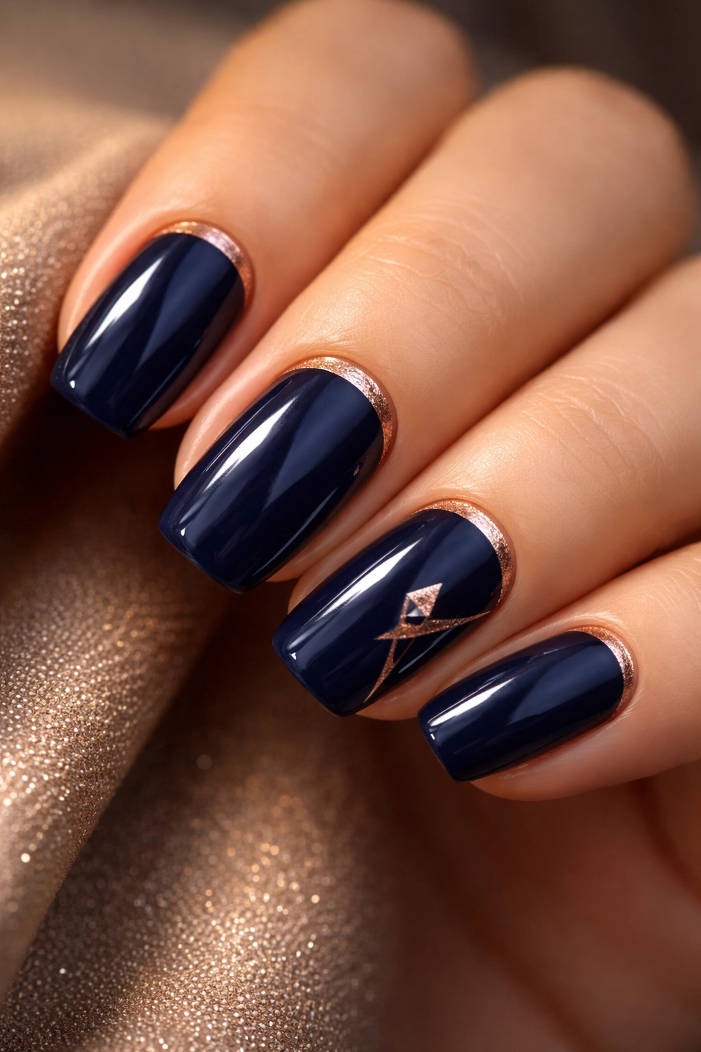 Close-up of navy nails with rose gold accents, luxe manicure