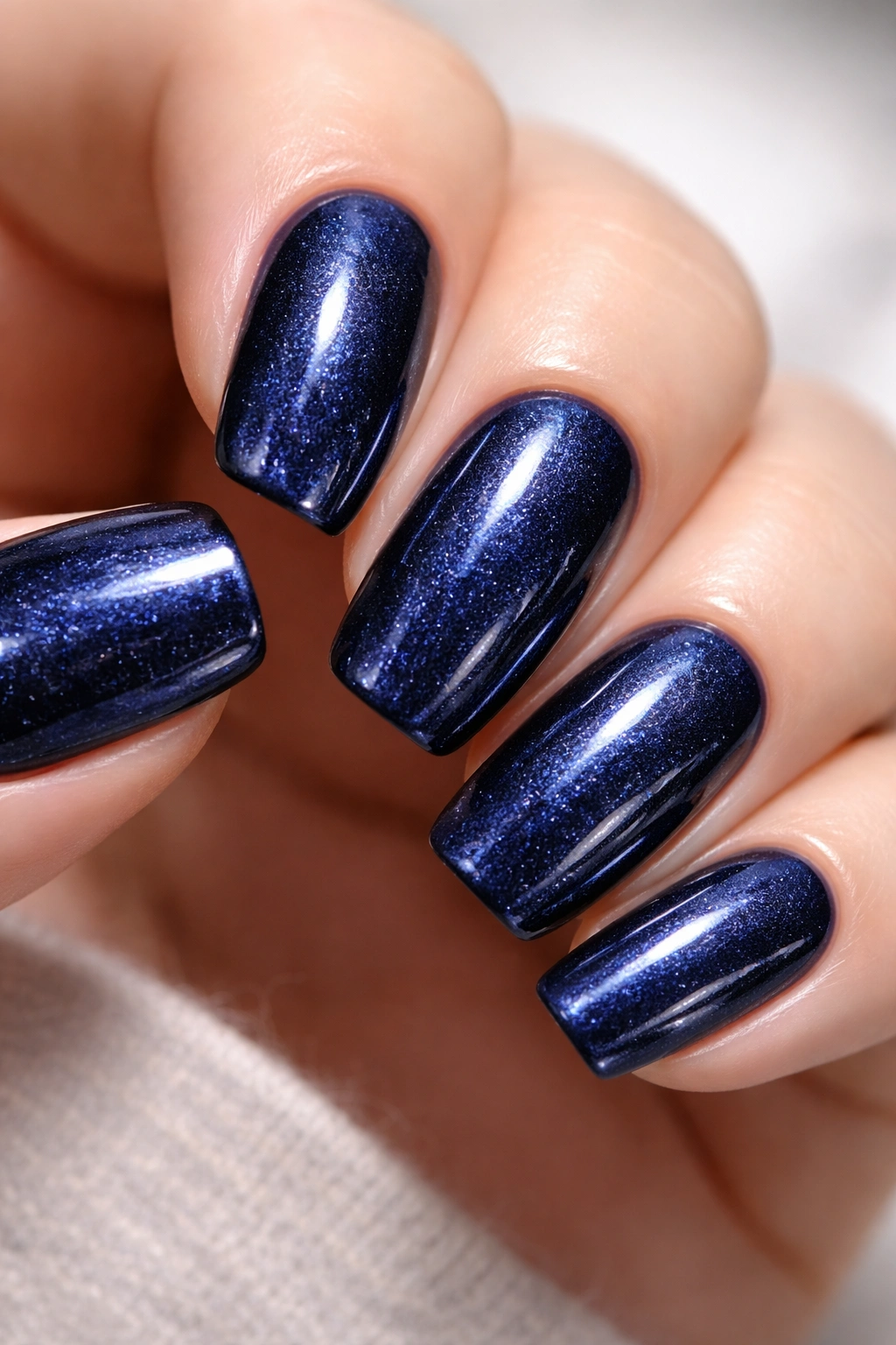 Navy nails with subtle shimmering metallic finish