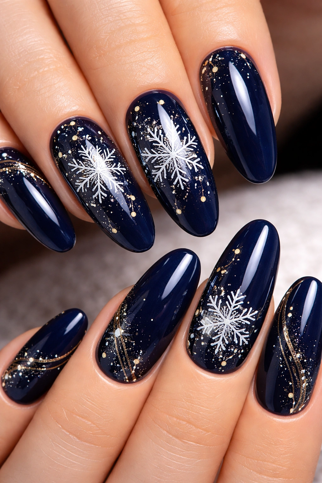 Close-up of navy blue nails with white snowflakes and gold accents