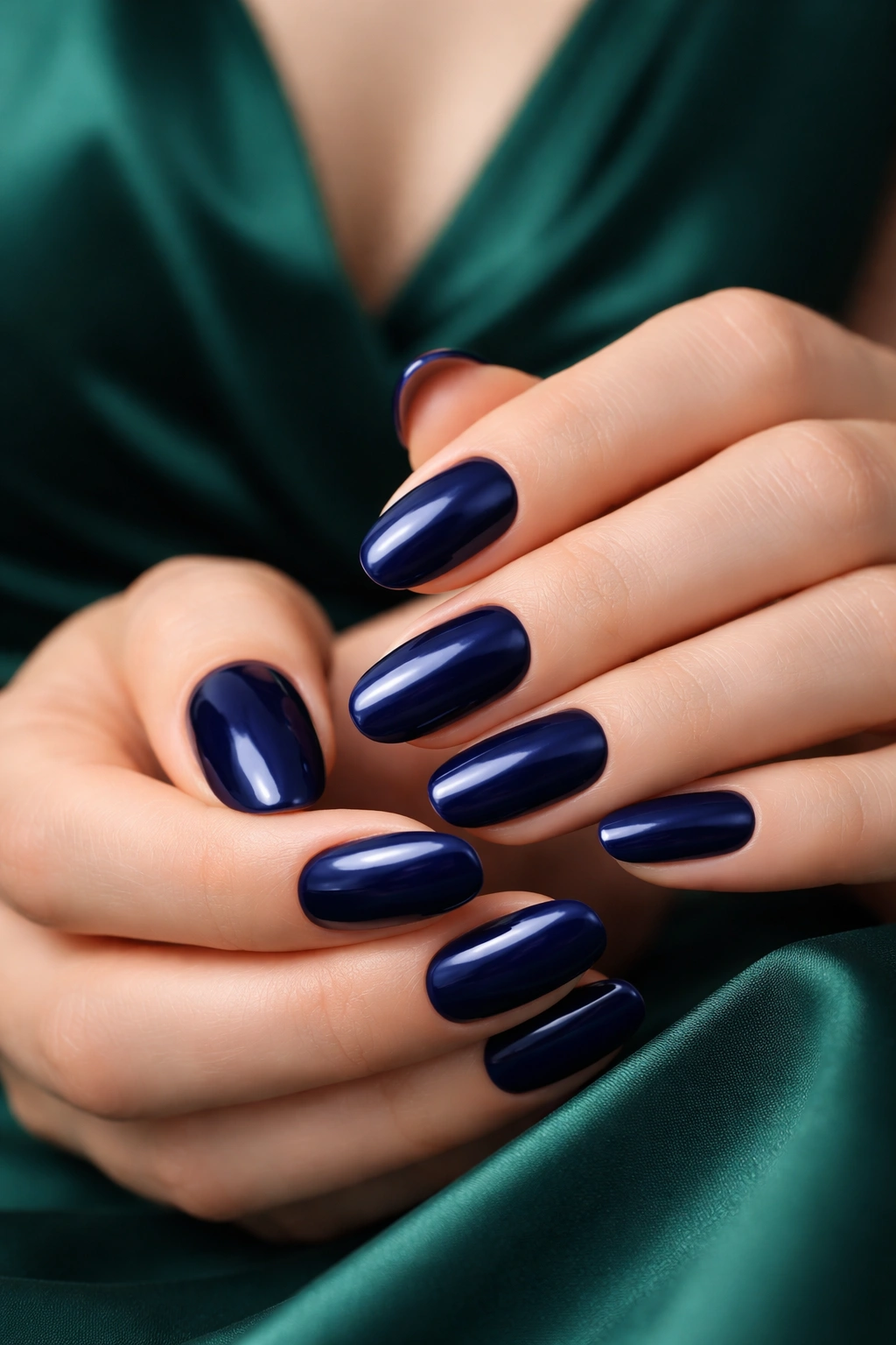 Close-up of navy blue nails with soft lighting on a neutral background