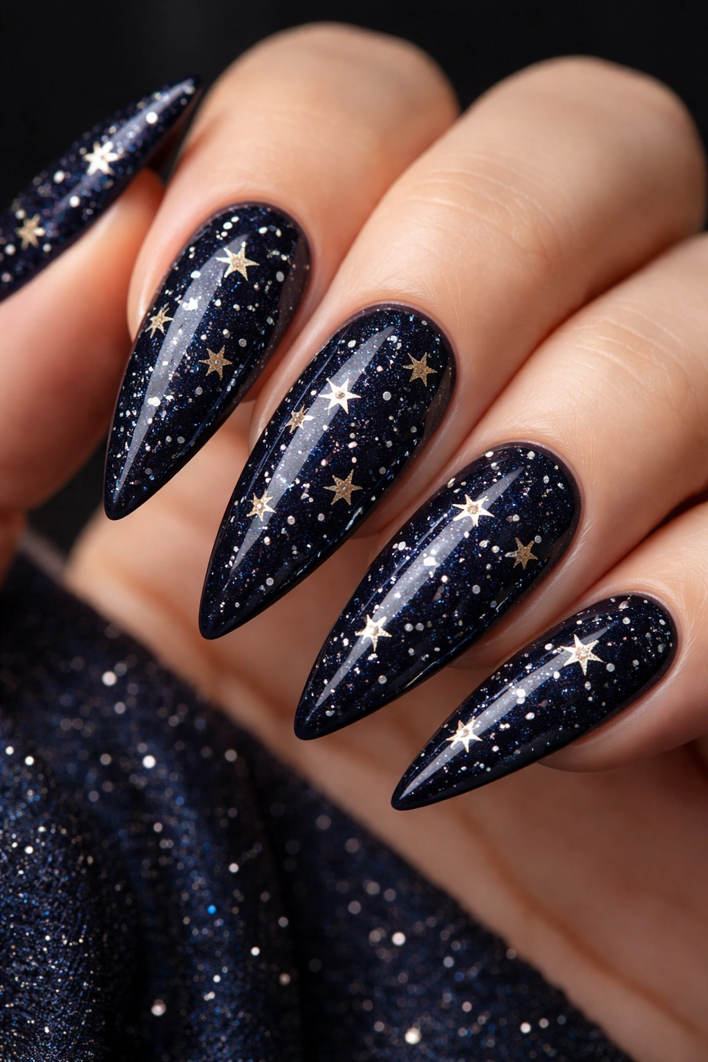 Close-up of deep navy stiletto nails with silver and pale gold star accents.