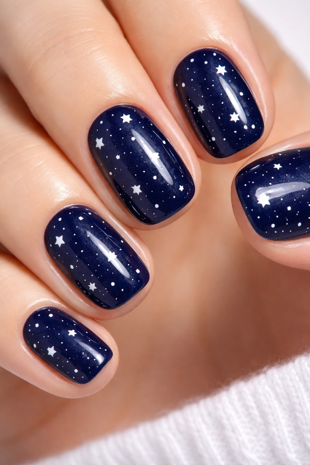 Navy nails with scattered small white stars stamping on short squoval nails
