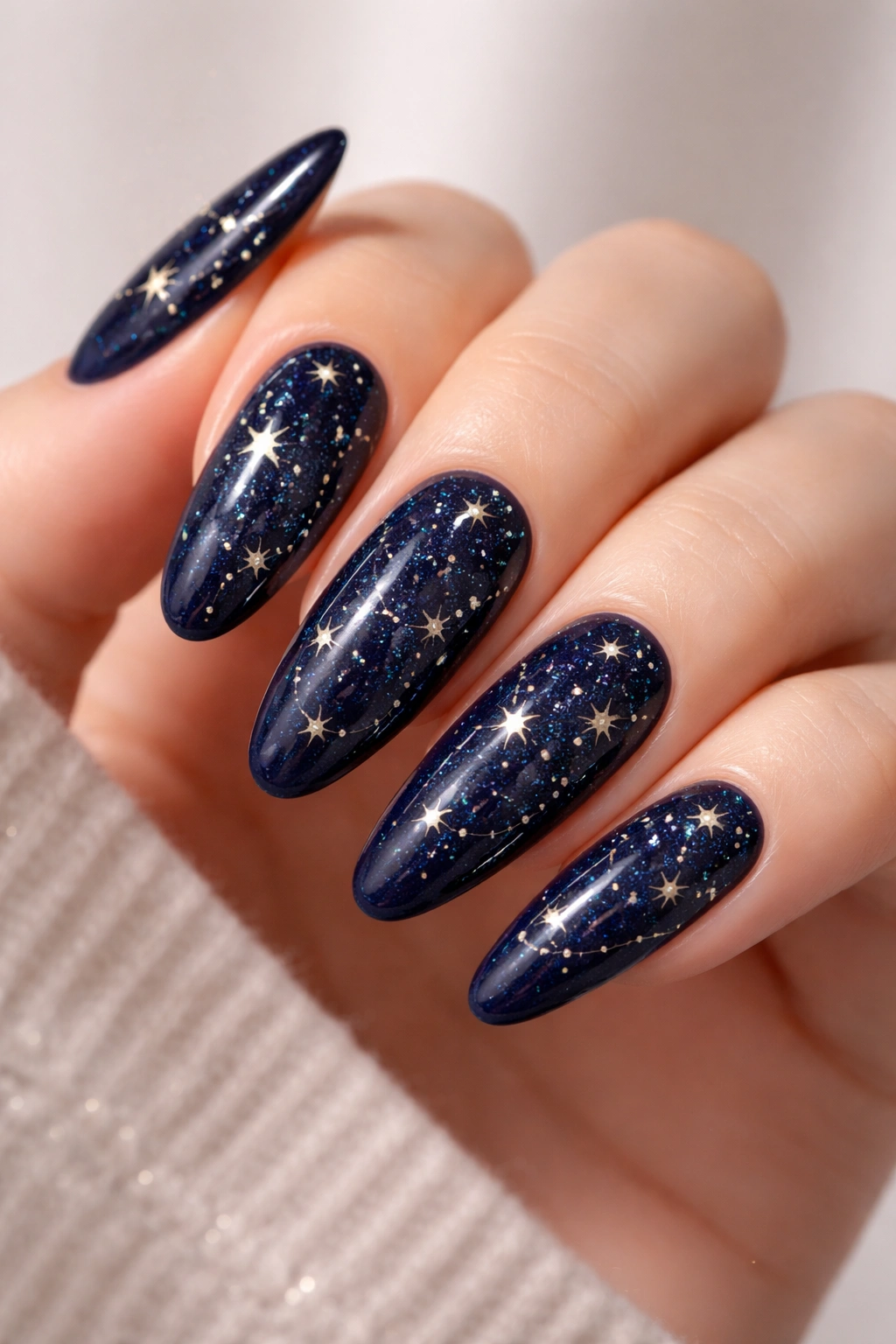 Close-up of deep navy nails with a starry night pattern of tiny stars.