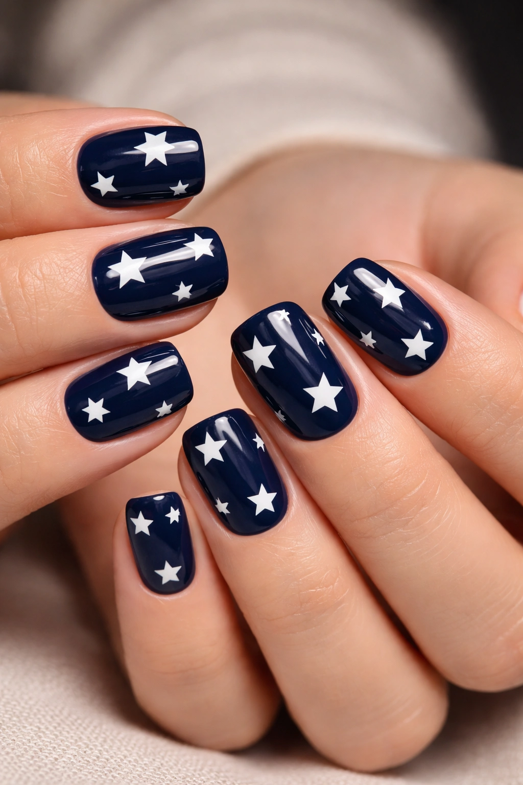 Close-up of short squoval nails in deep navy with white star accents.