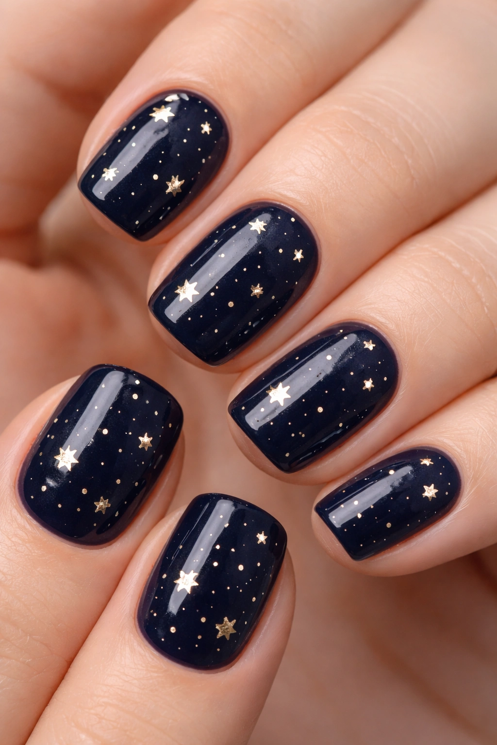 Close-up of navy nails with tiny white and gold stars on short squoval nails
