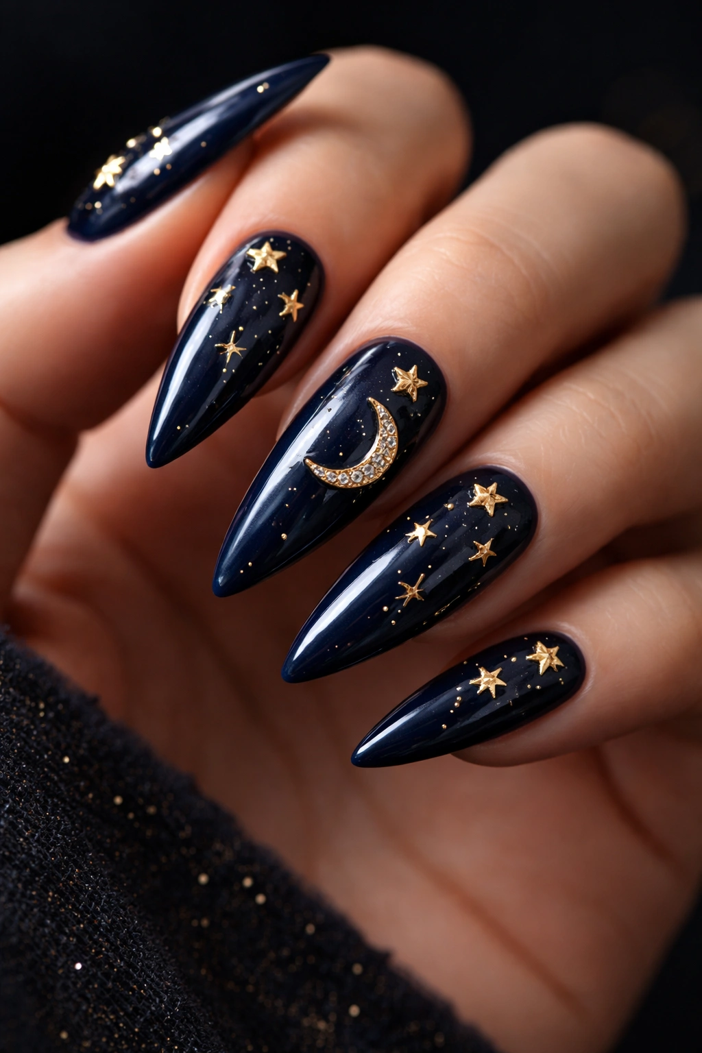 Close-up of navy stiletto nails with gold star and moon charms on a dark studio background.