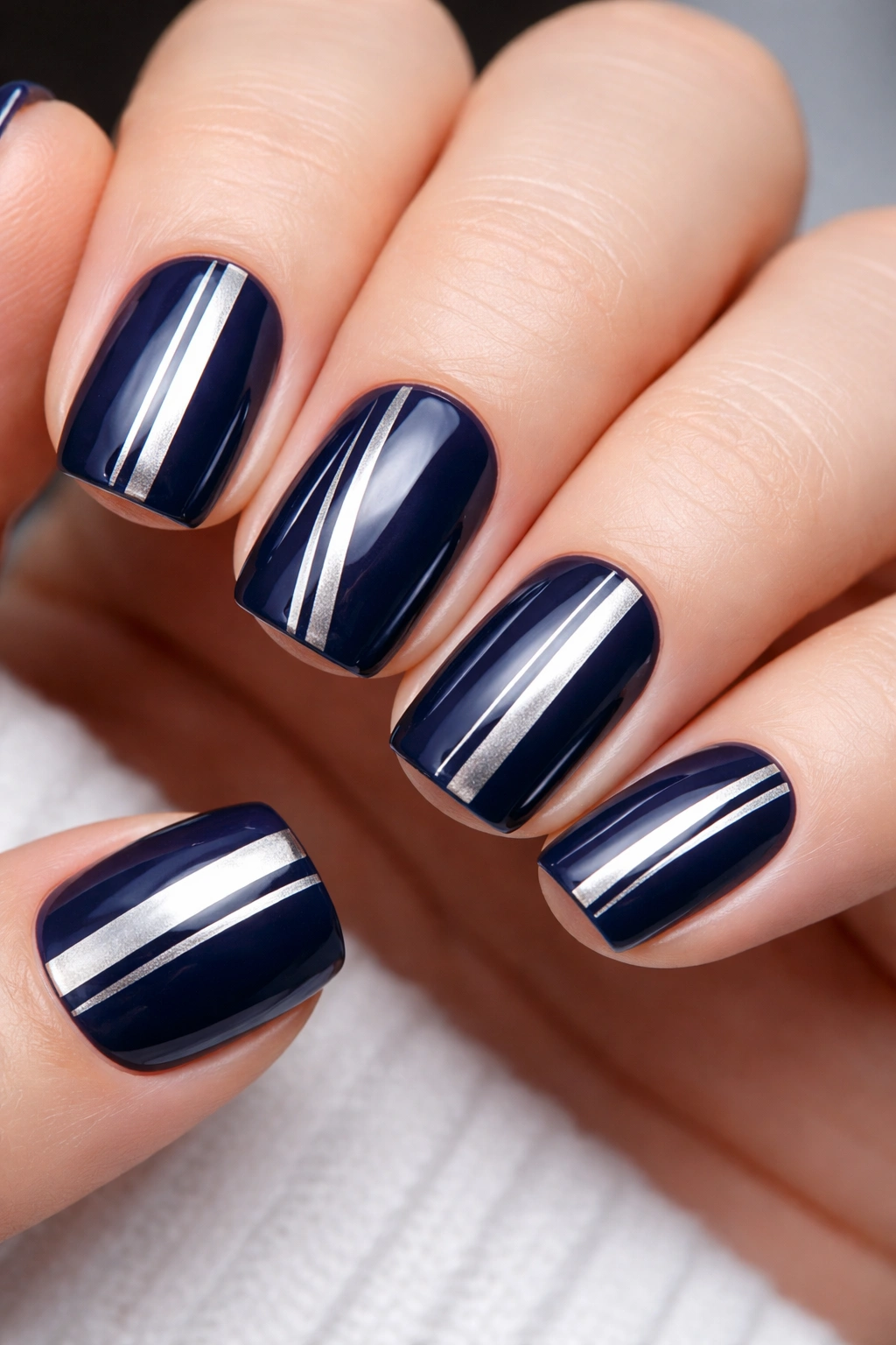Navy nails with metallic silver stripes on squoval nails