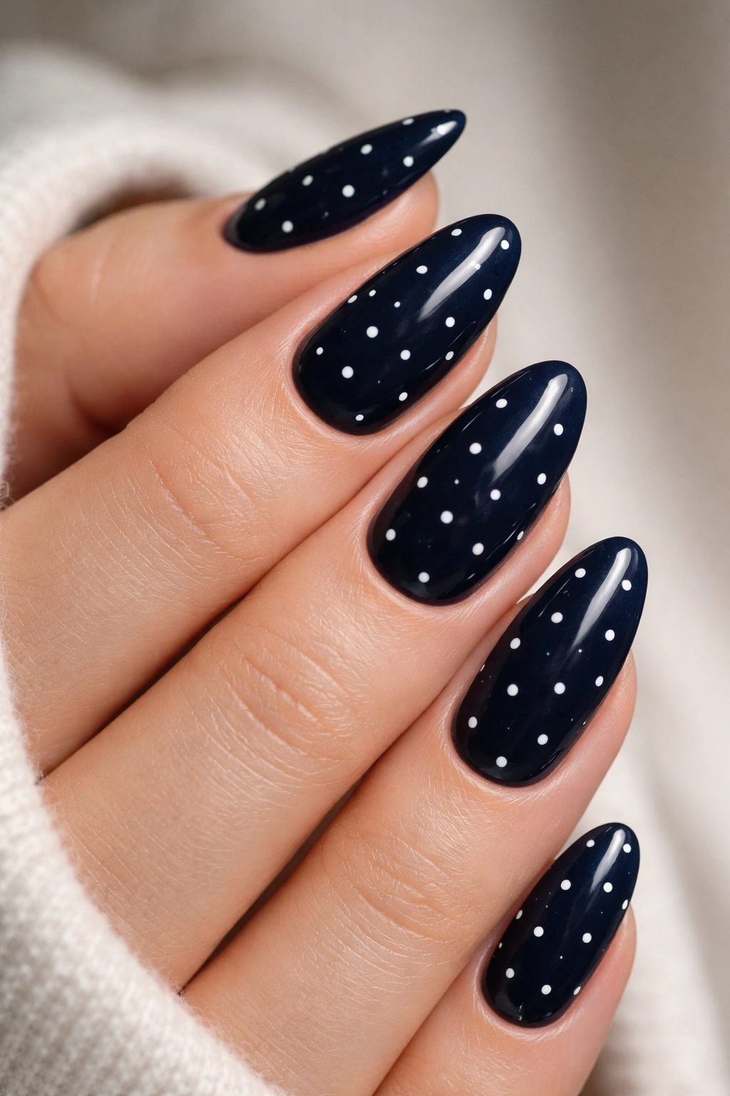Deep navy nails with tiny white dots on short almond nails