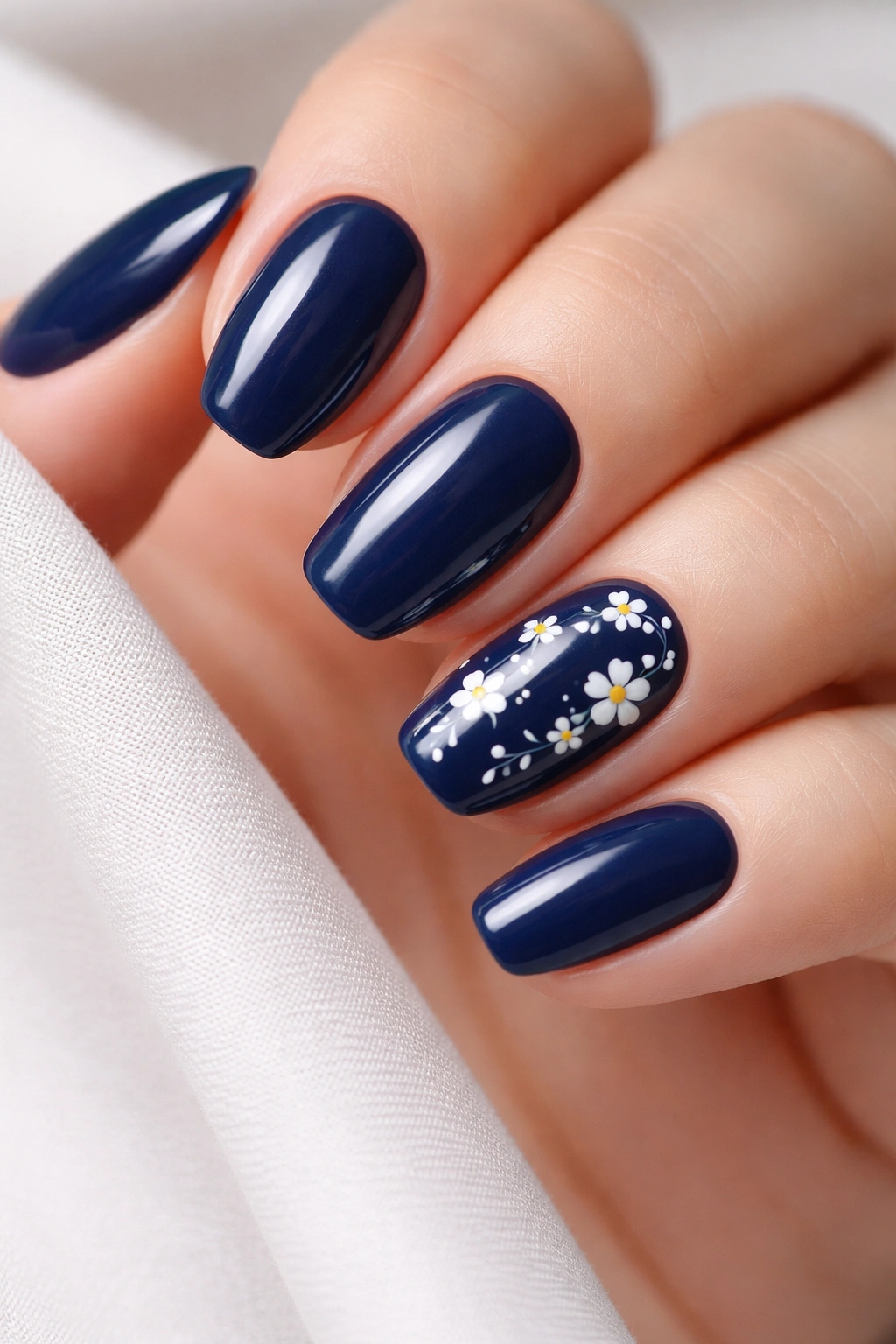 Navy nails with small white flowers on accent nails