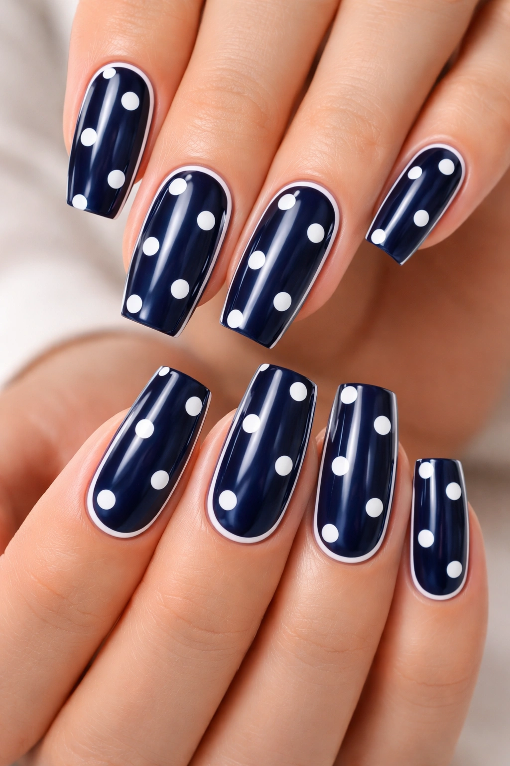 Deep navy nails with white polka dots and clean lines on long squoval nails