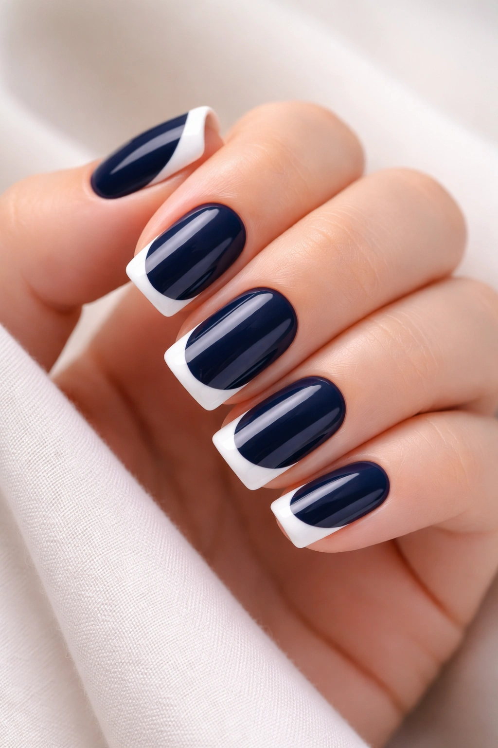 Navy nails with white French tips on squoval nails