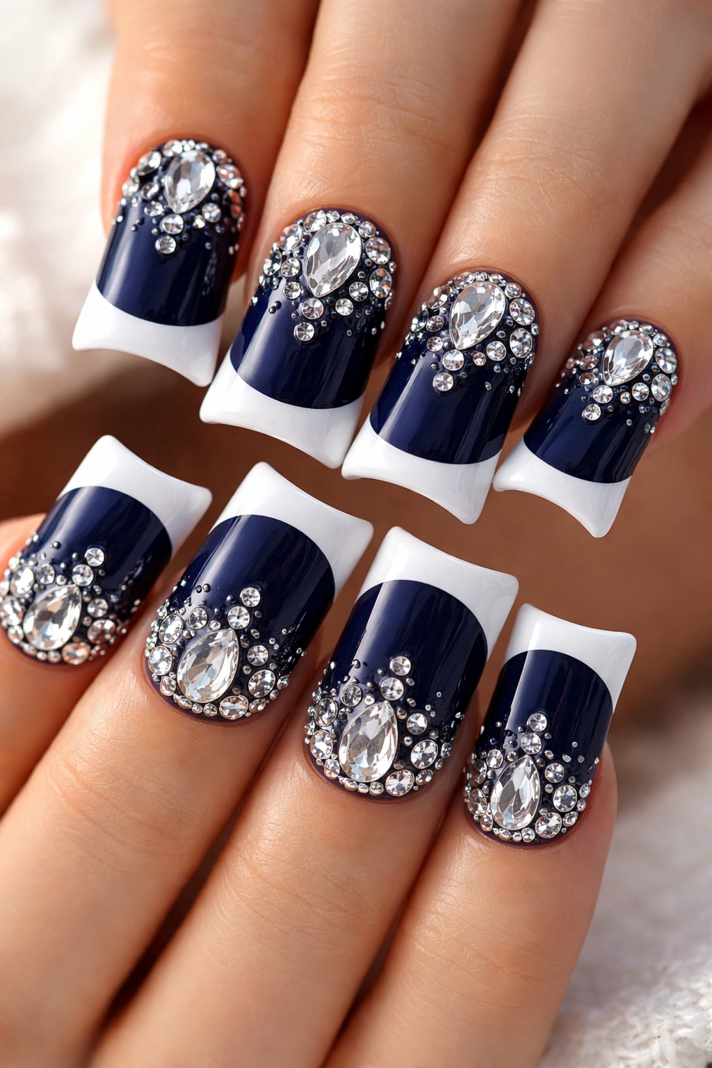 Close-up of navy duck nails with white tips and silver rhinestones