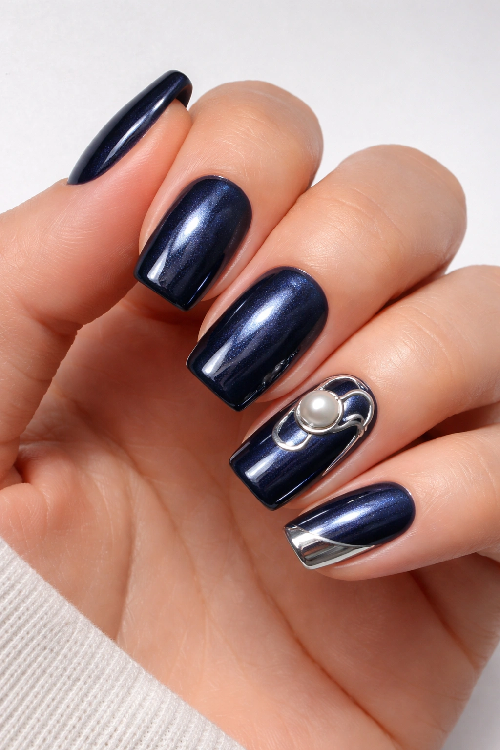 Navy nails with pearl shimmer and chrome accents
