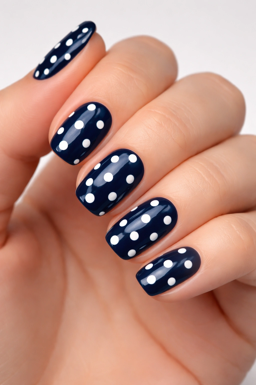 Close-up of navy blue squoval nails with white polka dots on a neutral background