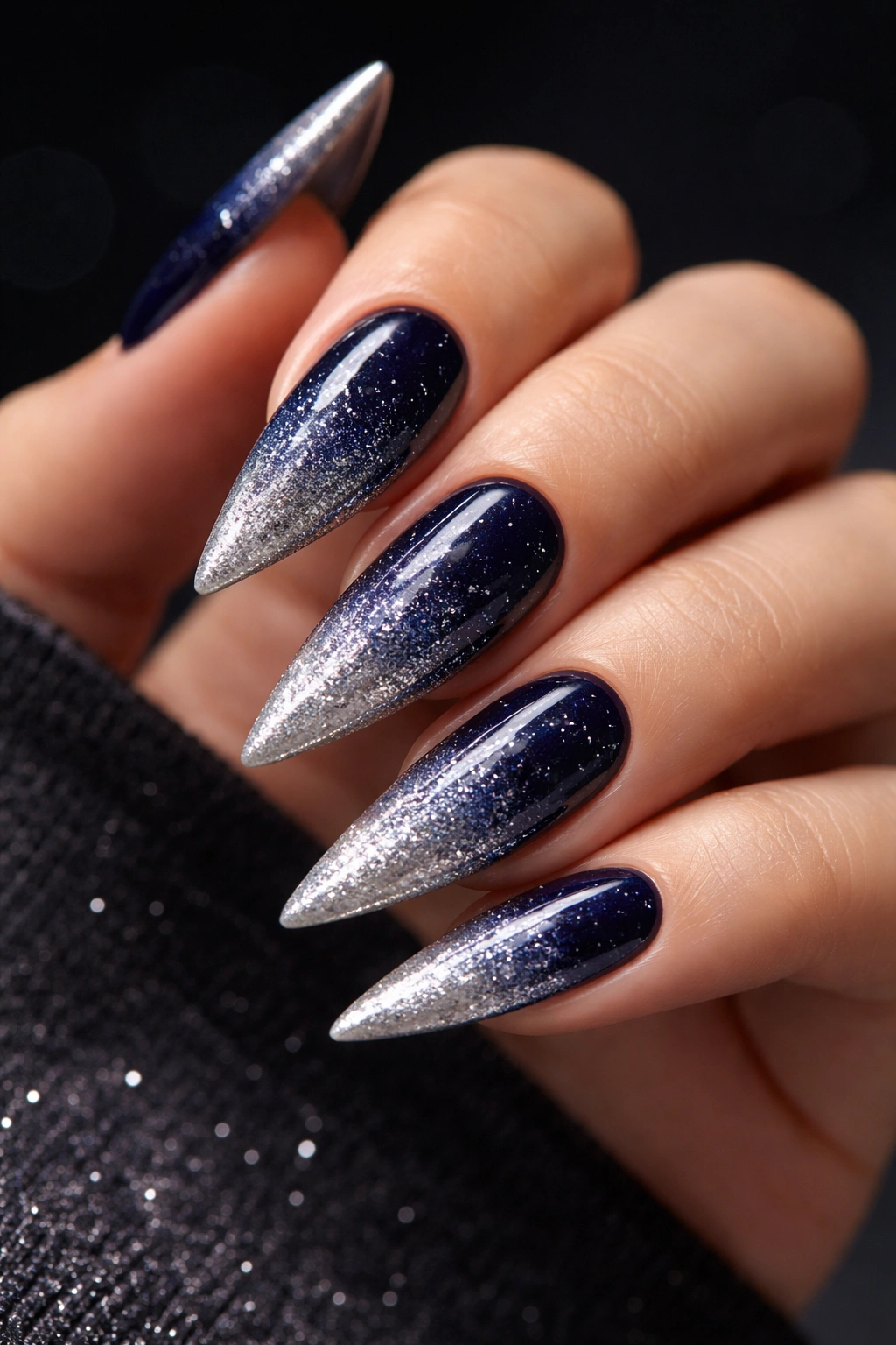 Medium stiletto nails navy to silver ombre with sparkling tip