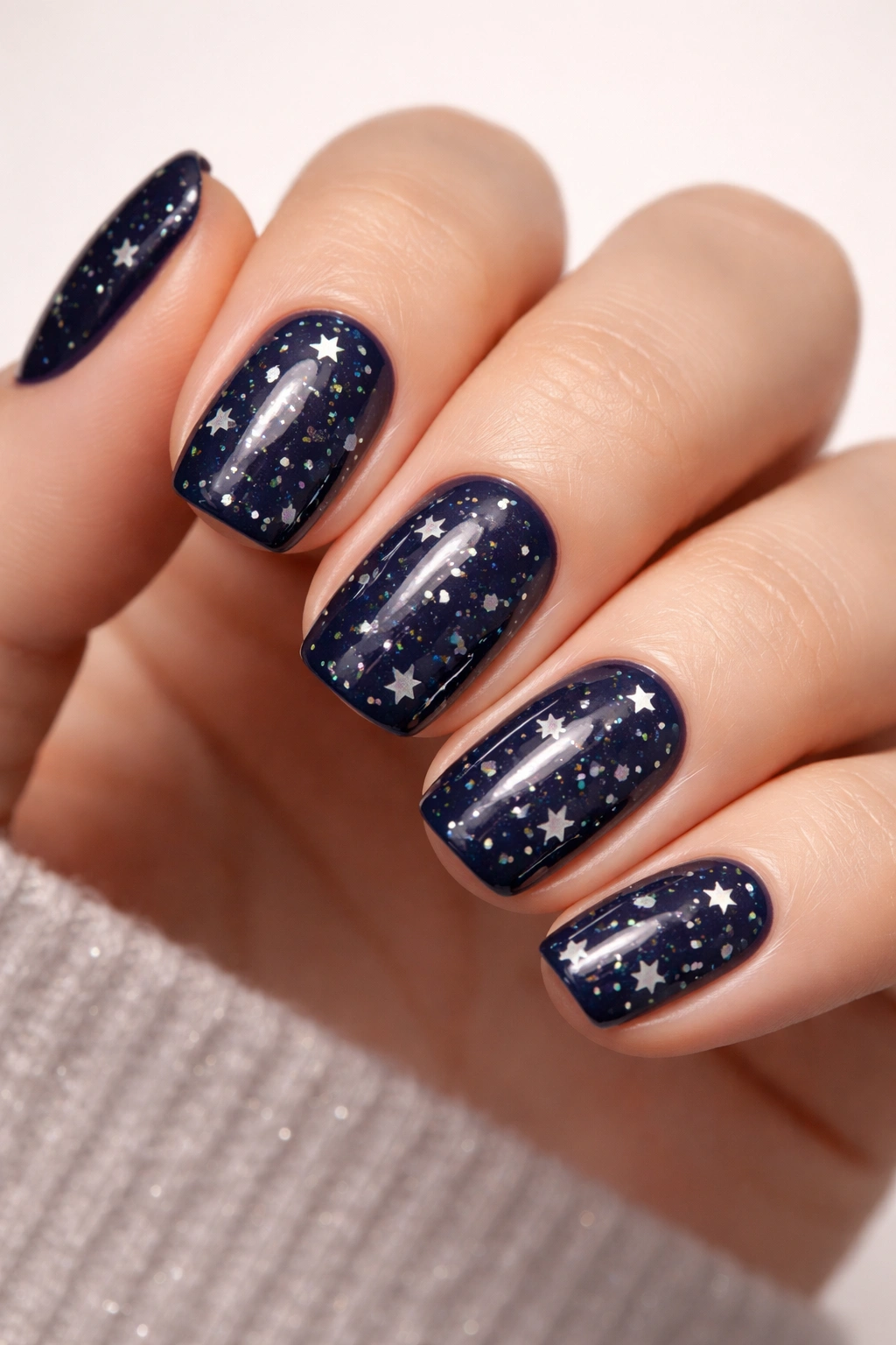 Navy nails with tiny white and metallic star confetti