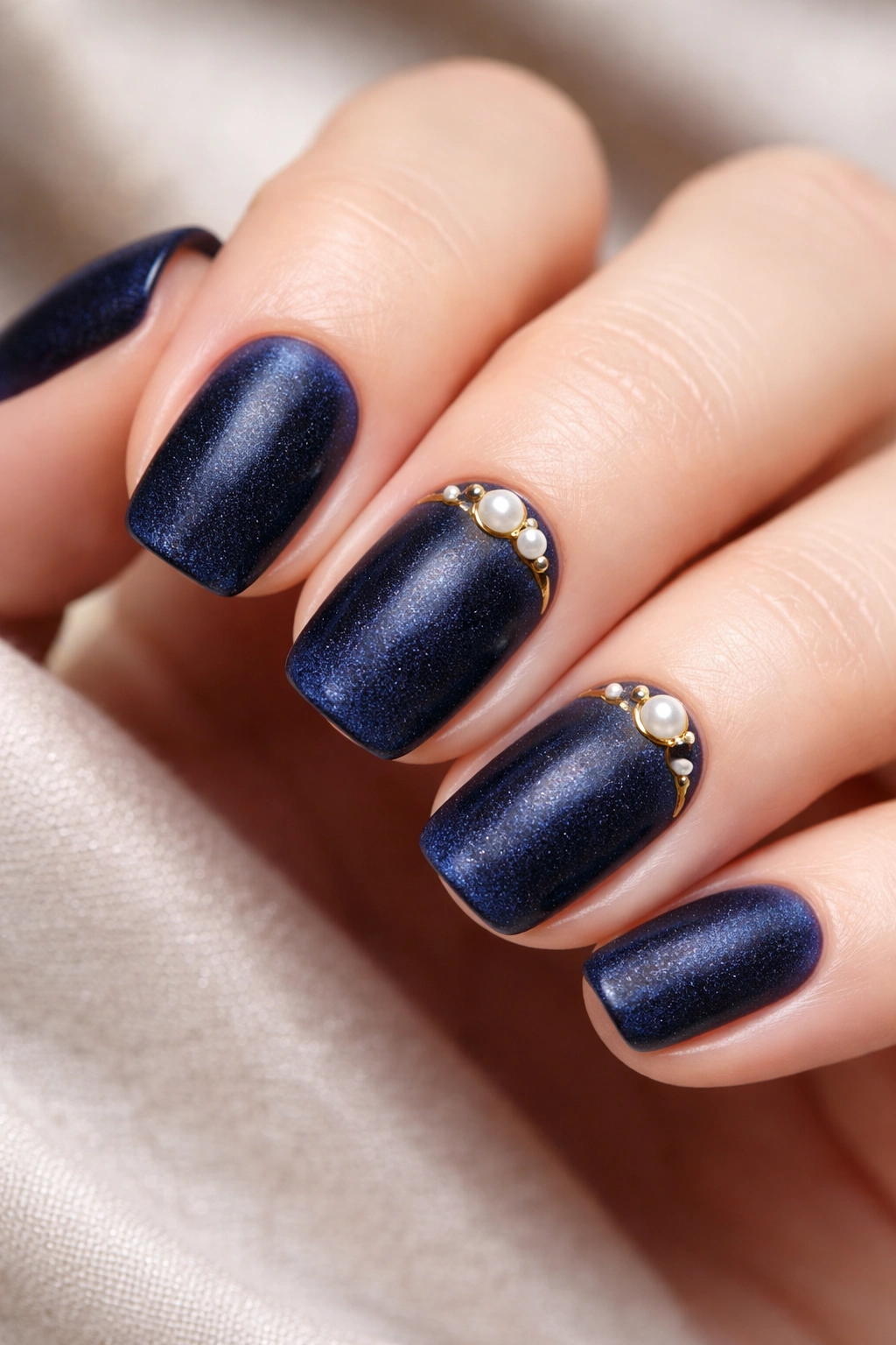 Close-up of navy velvet nails with pearl and gold accents.