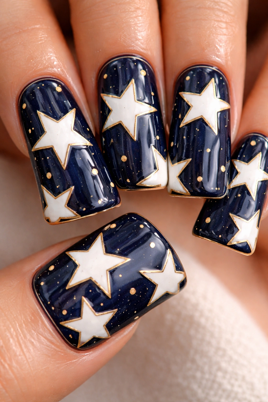 Close-up of navy nails with white stars outlined in gold