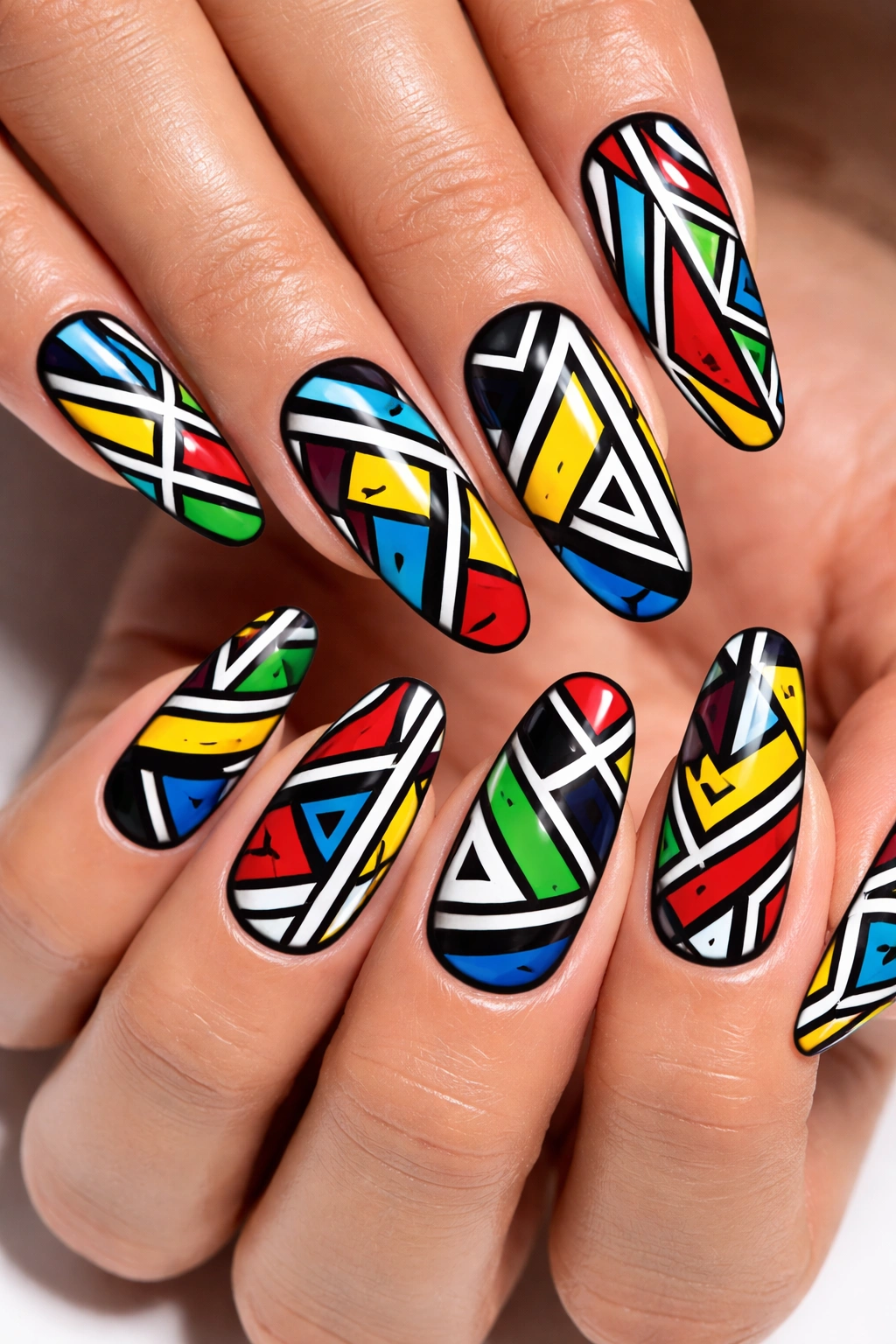 Nails with bold Ndebele geometric patterns outlined in black on a pale base.