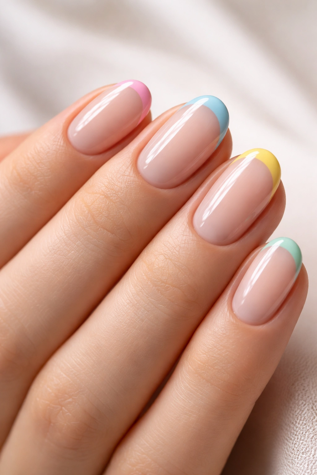 Close-up of a hand with neatly edged colored French tips on short oval nails