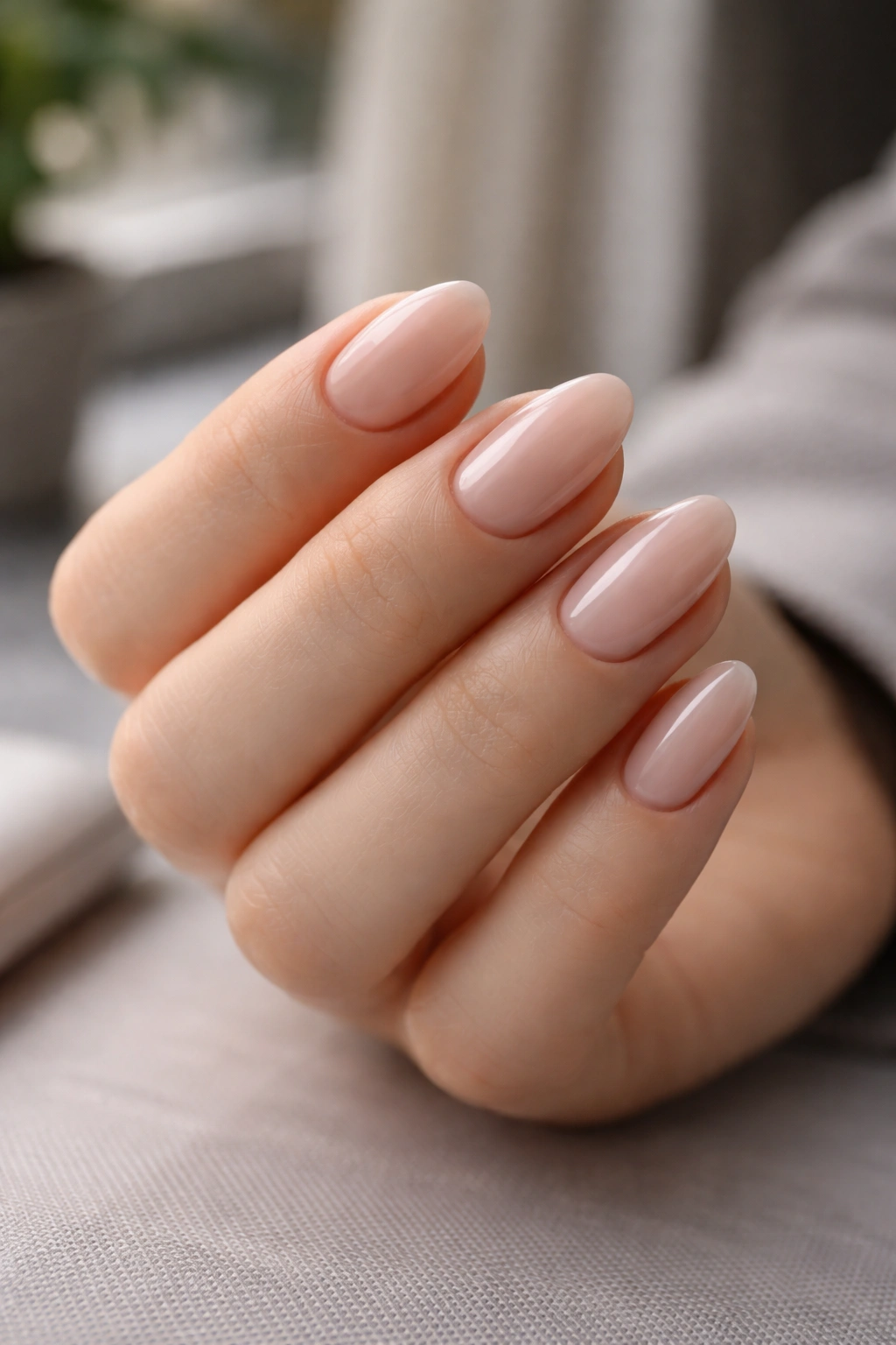Close-up of neatly filed short almond nails with clean cuticles