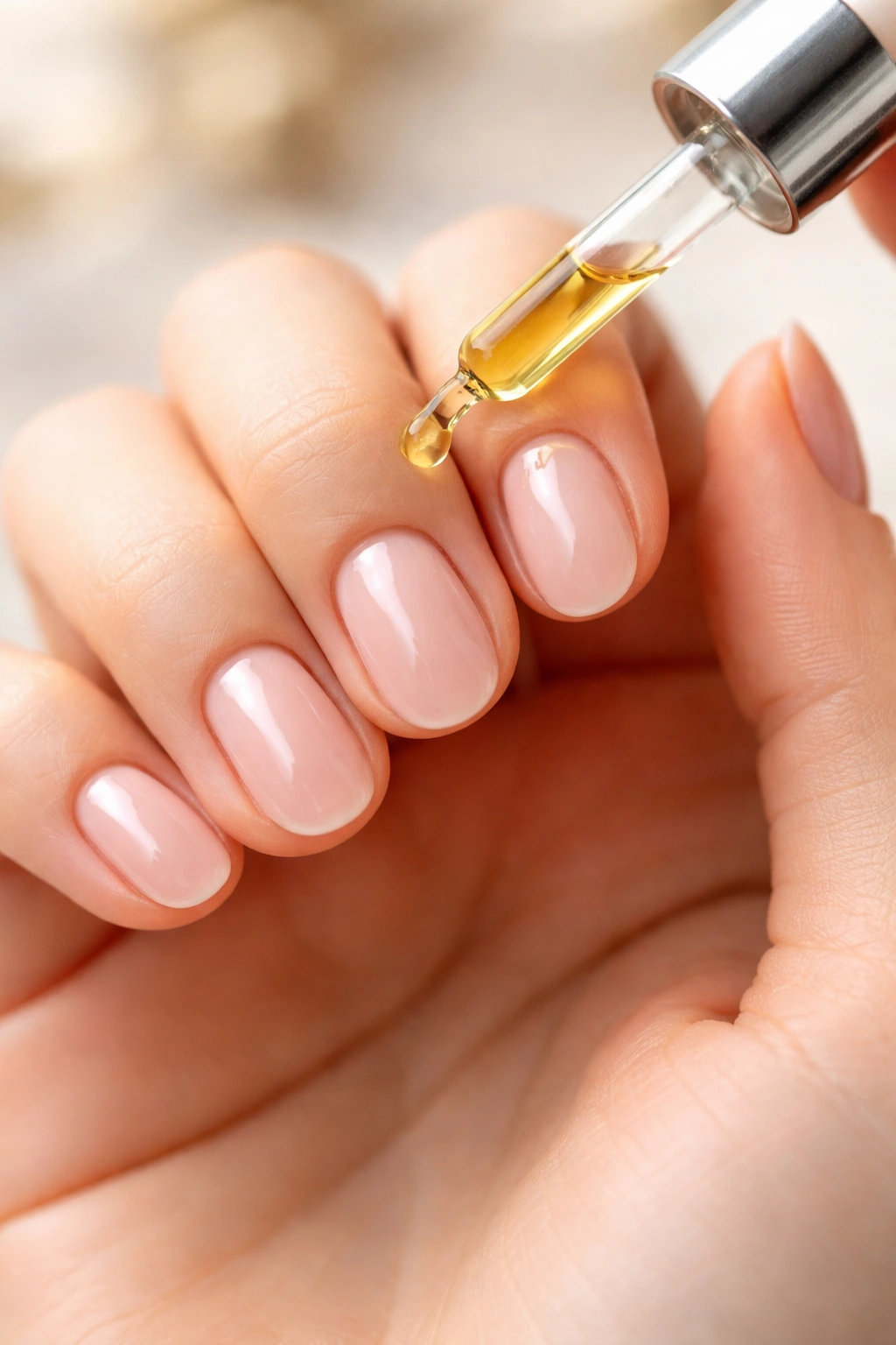 Hand with neatly groomed cuticles on short oval nails and a drop of cuticle oil